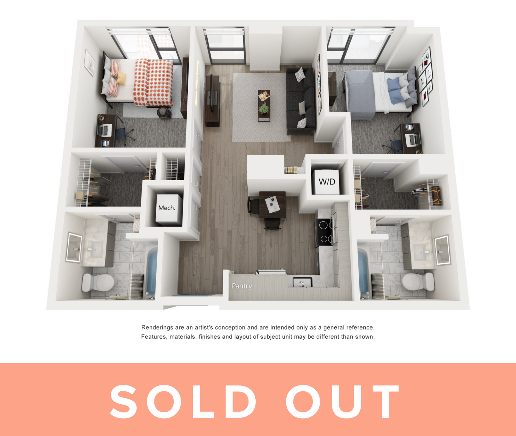 Rendering of the Capri B - 2BR/2BA floor plan with 2 bedroom[s] and 2 bathroom[s] at Lapis
