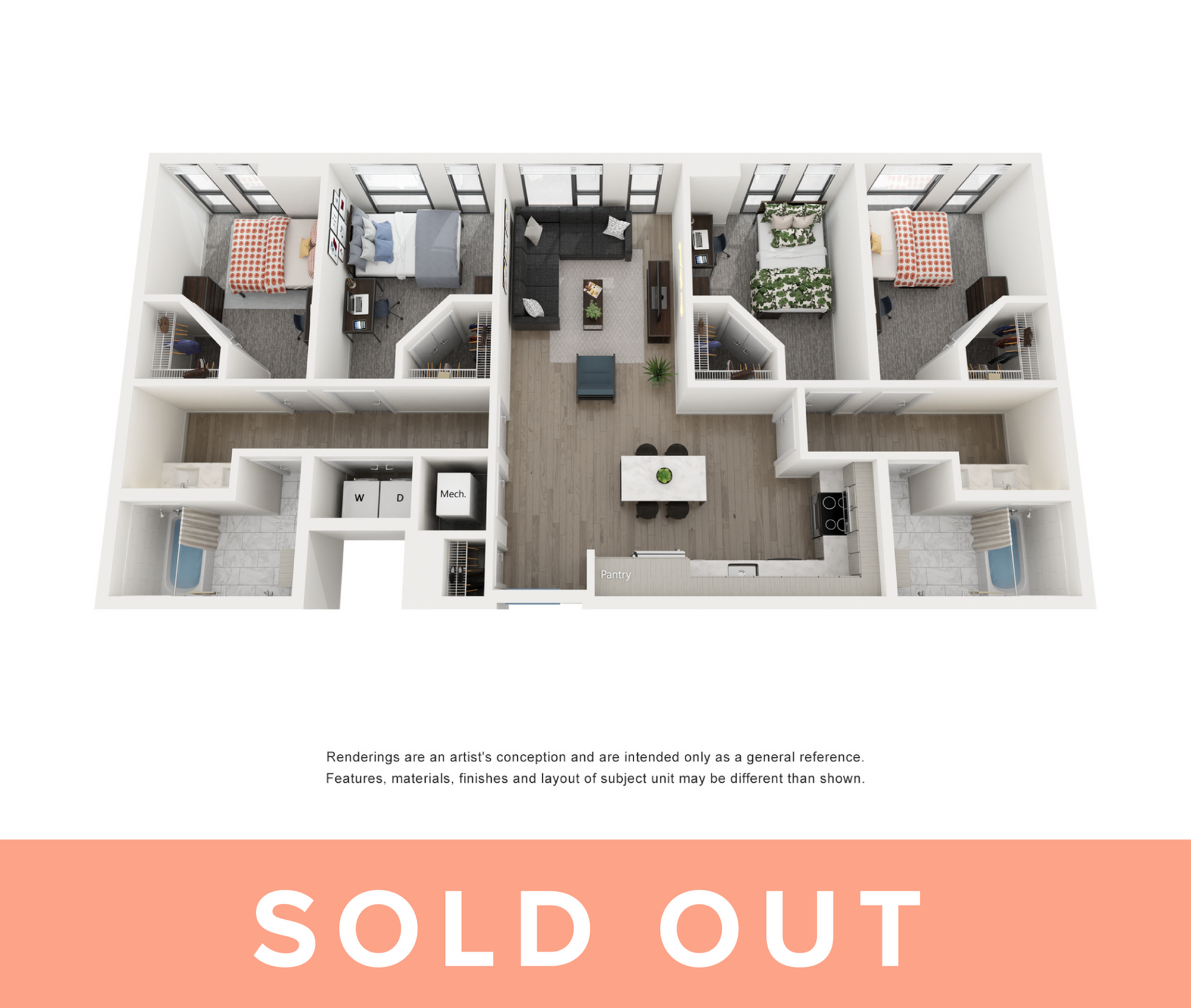Rendering of the Maya -4BR/2BA floor plan with 4 bedroom[s] and 2 bathroom[s] at Lapis