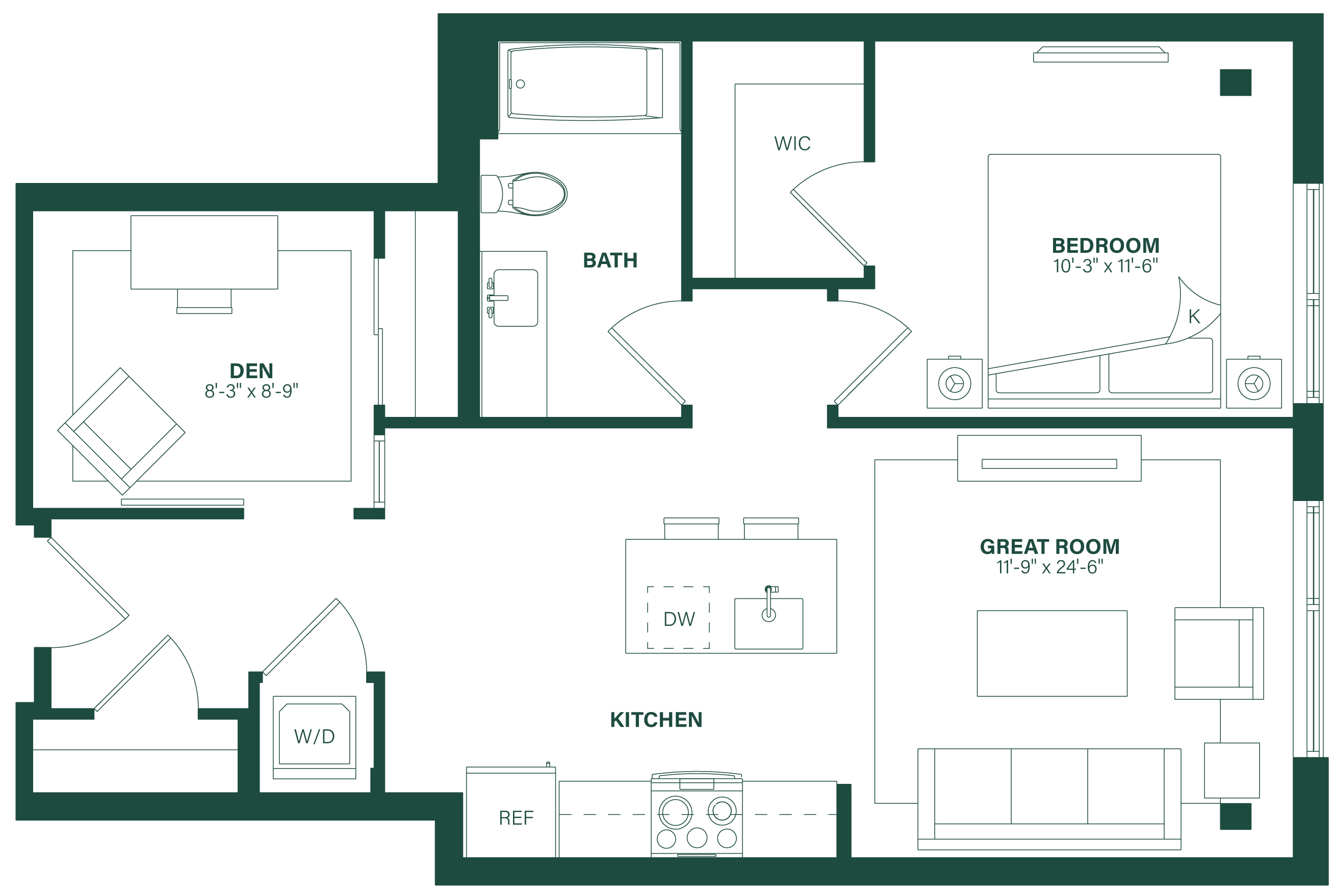 1 Bed/1 Bath Den-1J floor plan