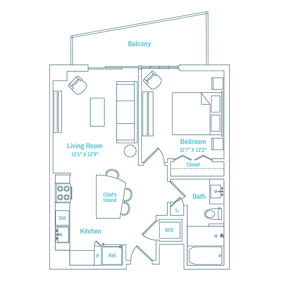 #MAM2312 - 1 bedroom floorplan layout with 1 bathroom and 695 square feet