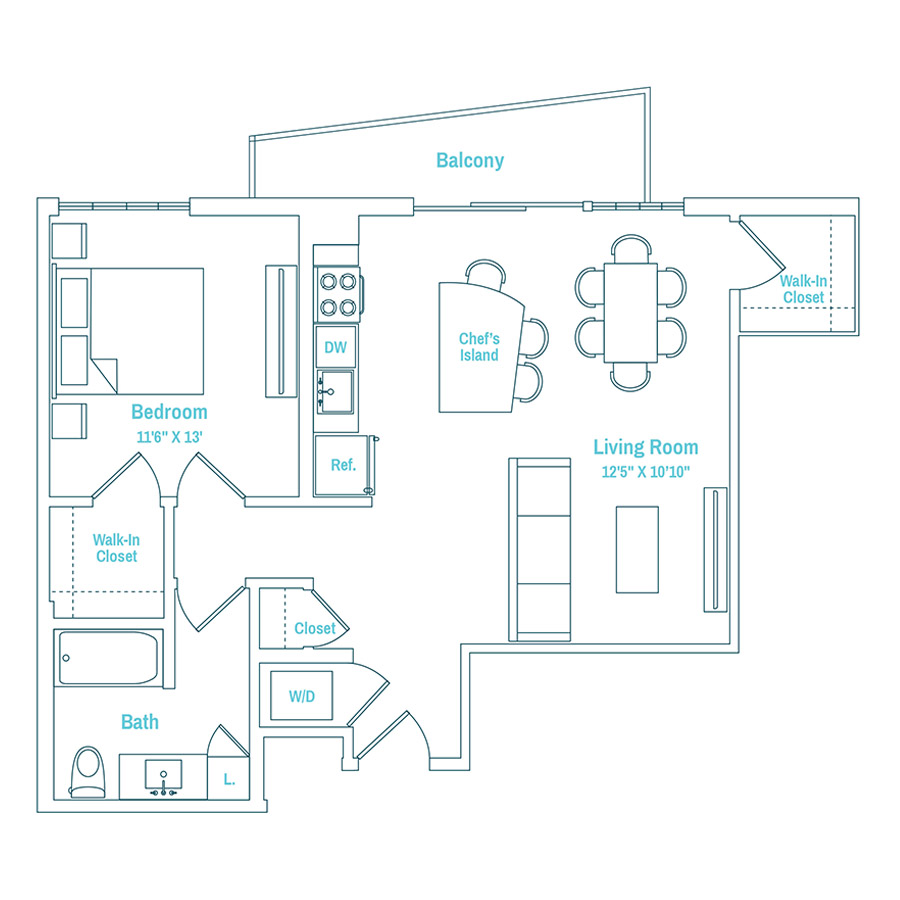 #MAM1201 - 1 bedroom floorplan layout with 1 bathroom and 742 square feet