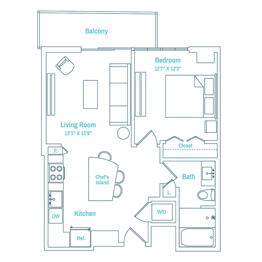 #MAM3109 - 1 bedroom floorplan layout with 1 bathroom and 674 square feet