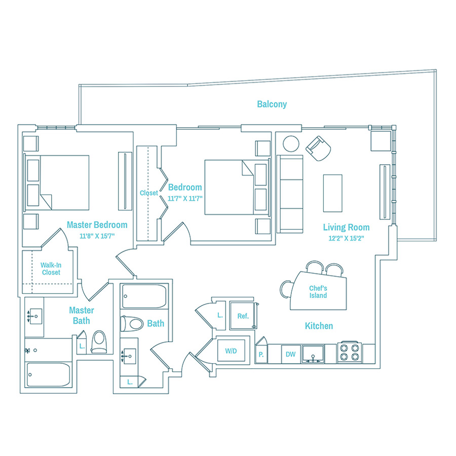 #MAM3002 - 2 bedroom floorplan layout with 2 bathrooms and 1040 square feet