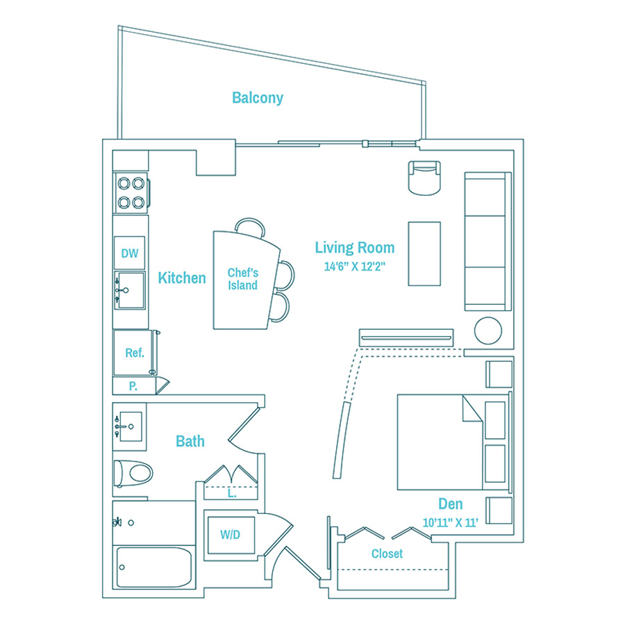 #MAM2510 - Studio floorplan layout with 1 bathroom and 700 square feet