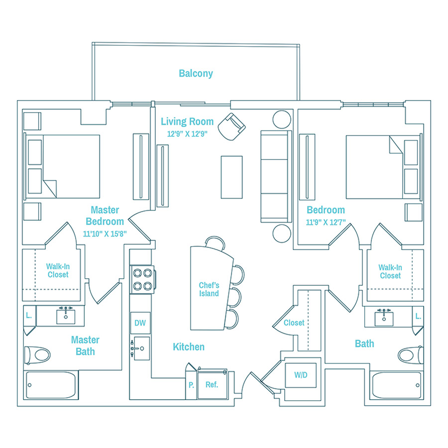 #MAM1615 - 2 bedroom floorplan layout with 2 bathrooms and 1046 square feet