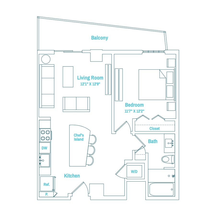 #MAM1001 - 1 bedroom floorplan layout with 1 bathroom and 742 square feet