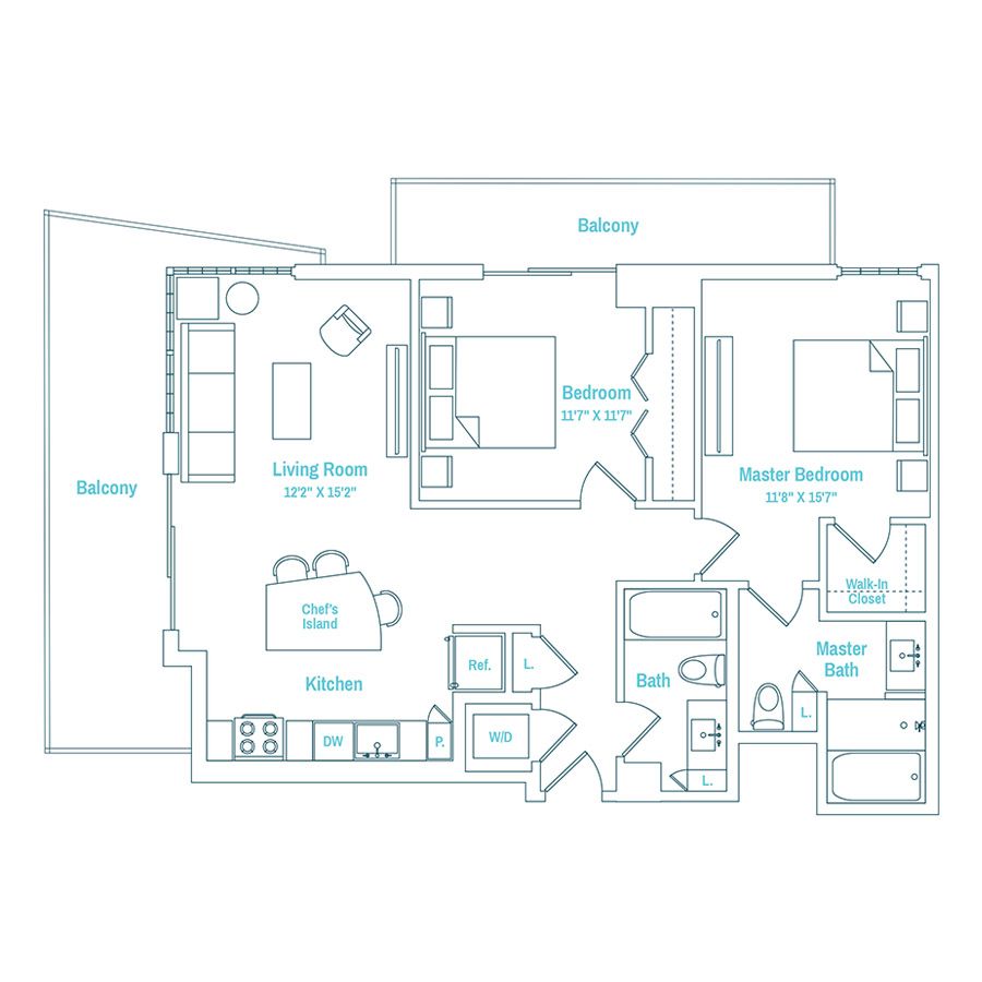 #MAMPD01 - 2 bedroom floorplan layout with 2 bathrooms and 1035 square feet