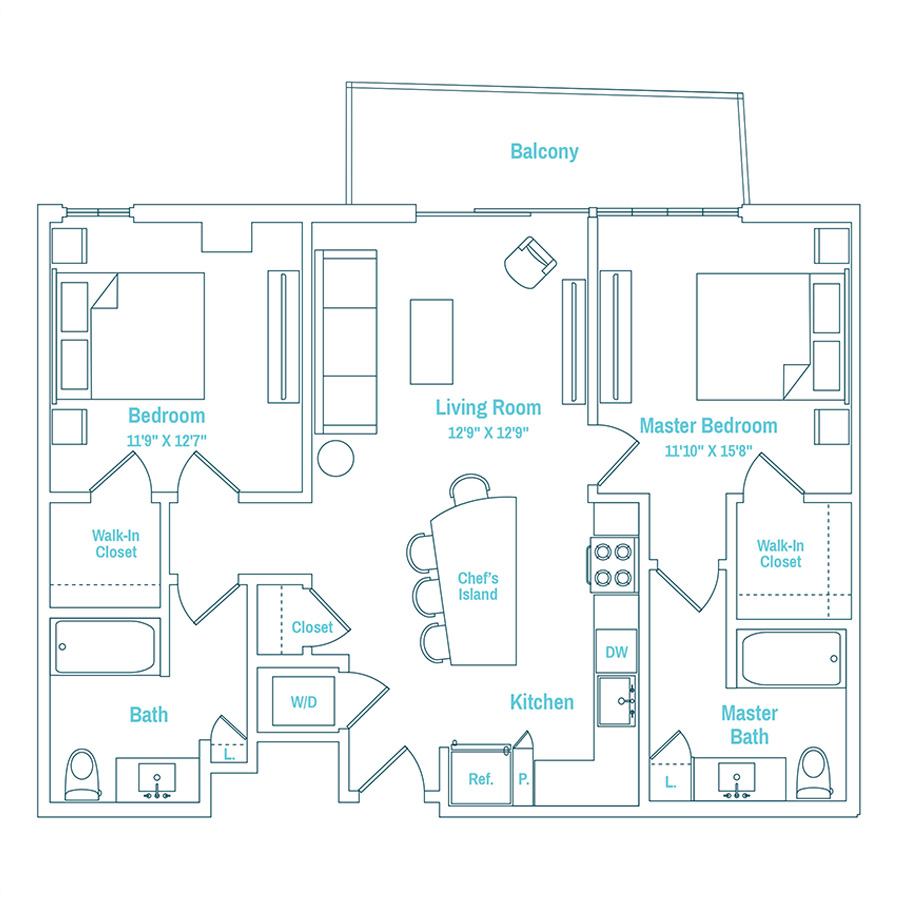 #MAM2420 - 2 bedroom floorplan layout with 2 bathrooms and 1044 square feet