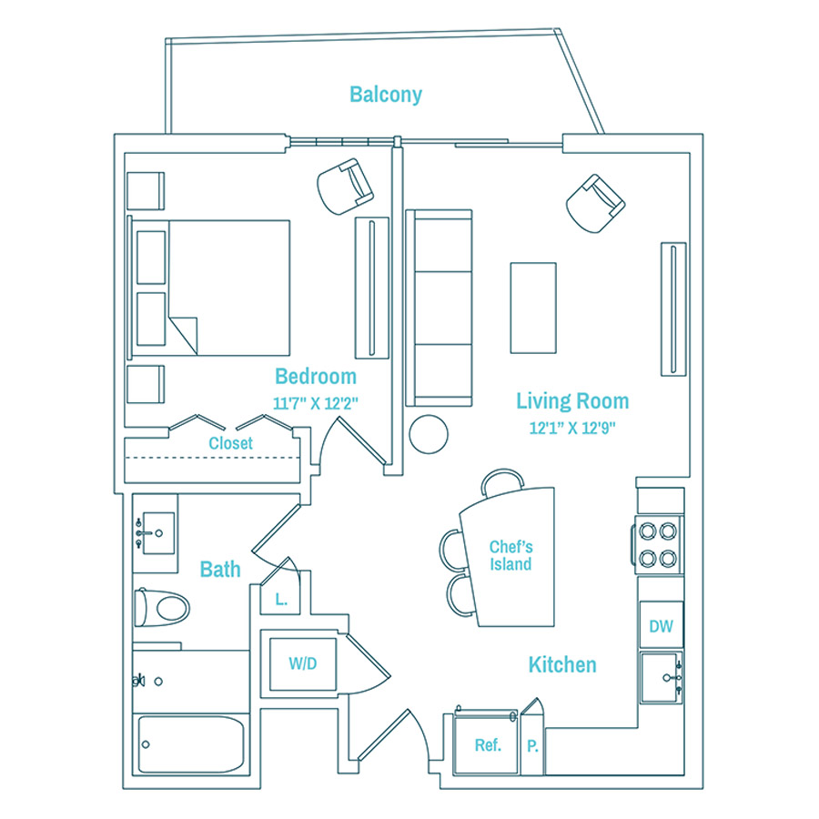 #MAM1518 - 1 bedroom floorplan layout with 1 bathroom and 695 square feet
