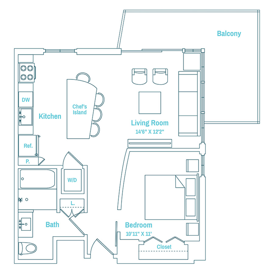#MAM1011 - 1 bedroom floorplan layout with 1 bathroom and 683 square feet