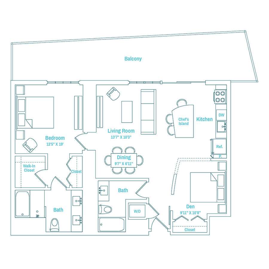 #MAM1403 - 1 bedroom floorplan layout with 2 bathrooms and 1056 square feet