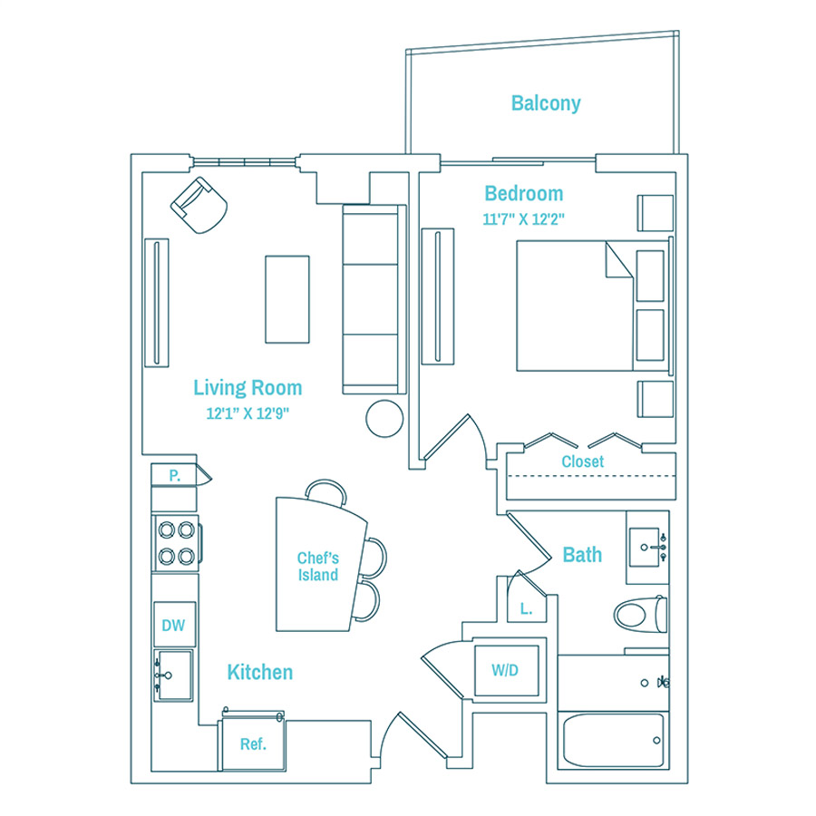 #MAM2708 - 1 bedroom floorplan layout with 1 bathroom and 700 square feet
