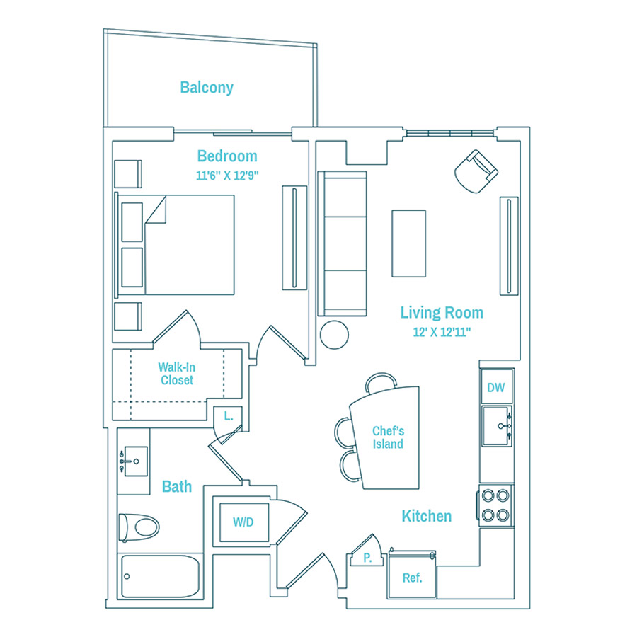#MAM1407 - 1 bedroom floorplan layout with 1 bathroom and 589 square feet