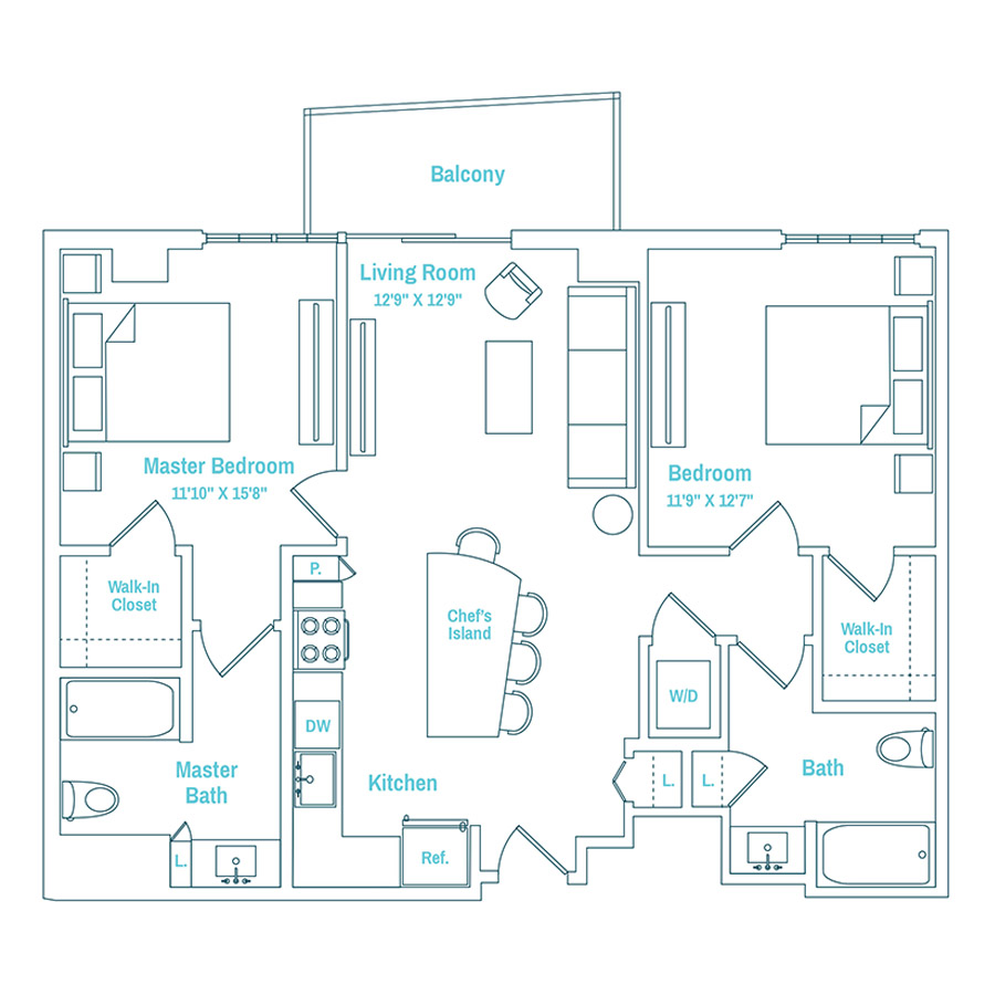 #MAM1605 - 2 bedroom floorplan layout with 2 bathrooms and 1046 square feet