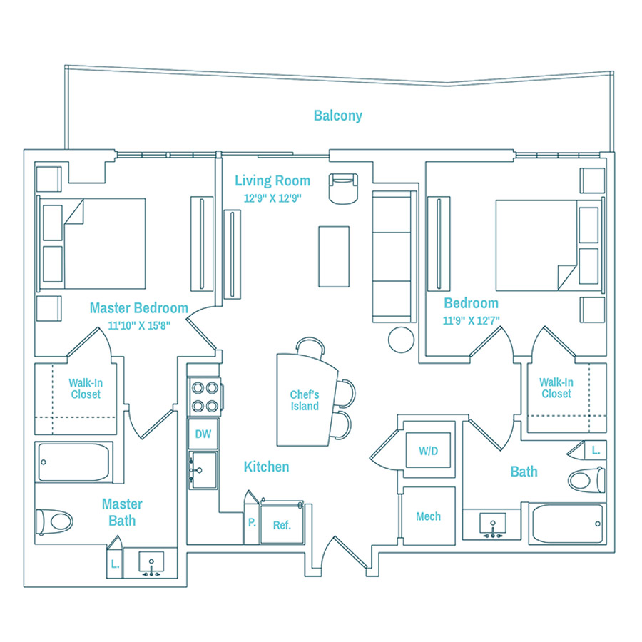 #MAM1205 - 2 bedroom floorplan layout with 2 bathrooms and 1005 square feet