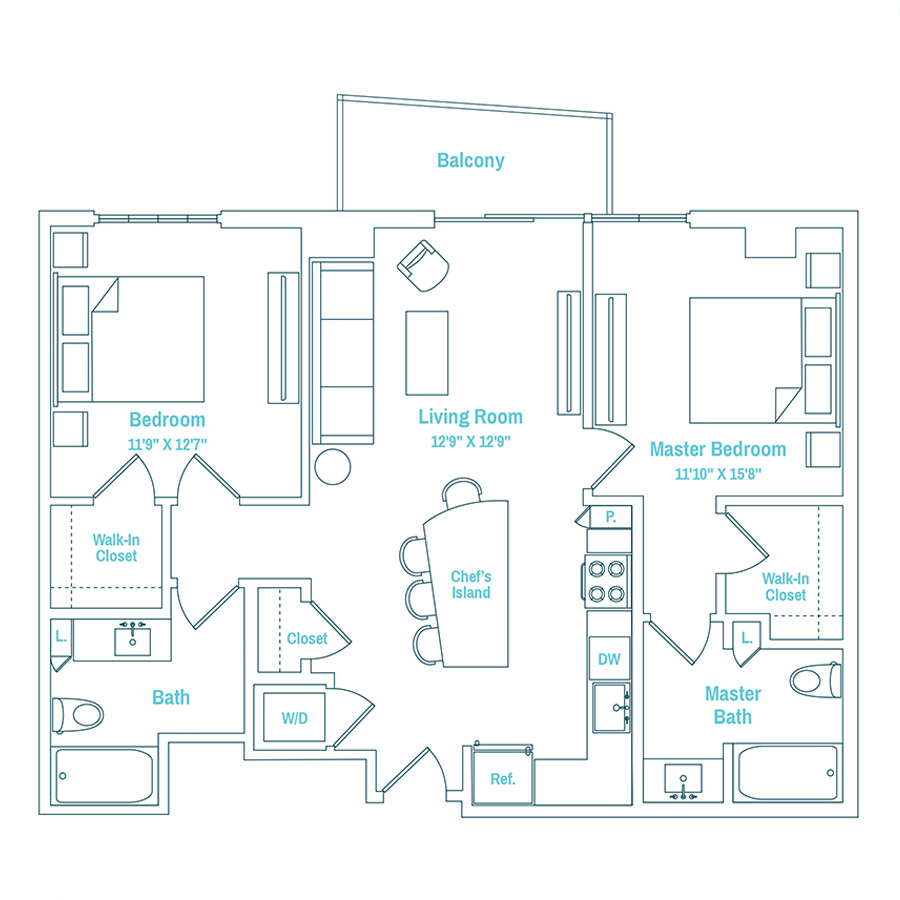 #MAM1806 - 2 bedroom floorplan layout with 2 bathrooms and 1046 square feet