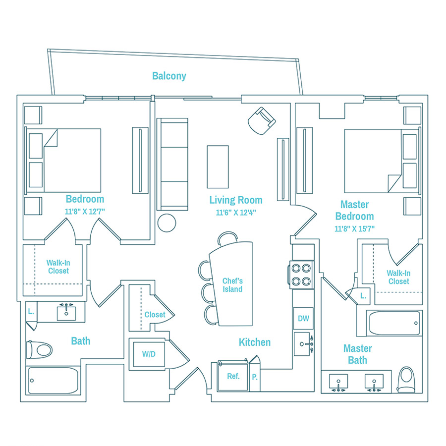 #MAM1517 - 2 bedroom floorplan layout with 2 bathrooms and 1039 square feet