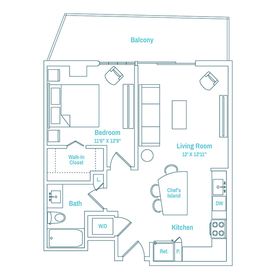 #MAM1616 - 1 bedroom floorplan layout with 1 bathroom and 695 square feet