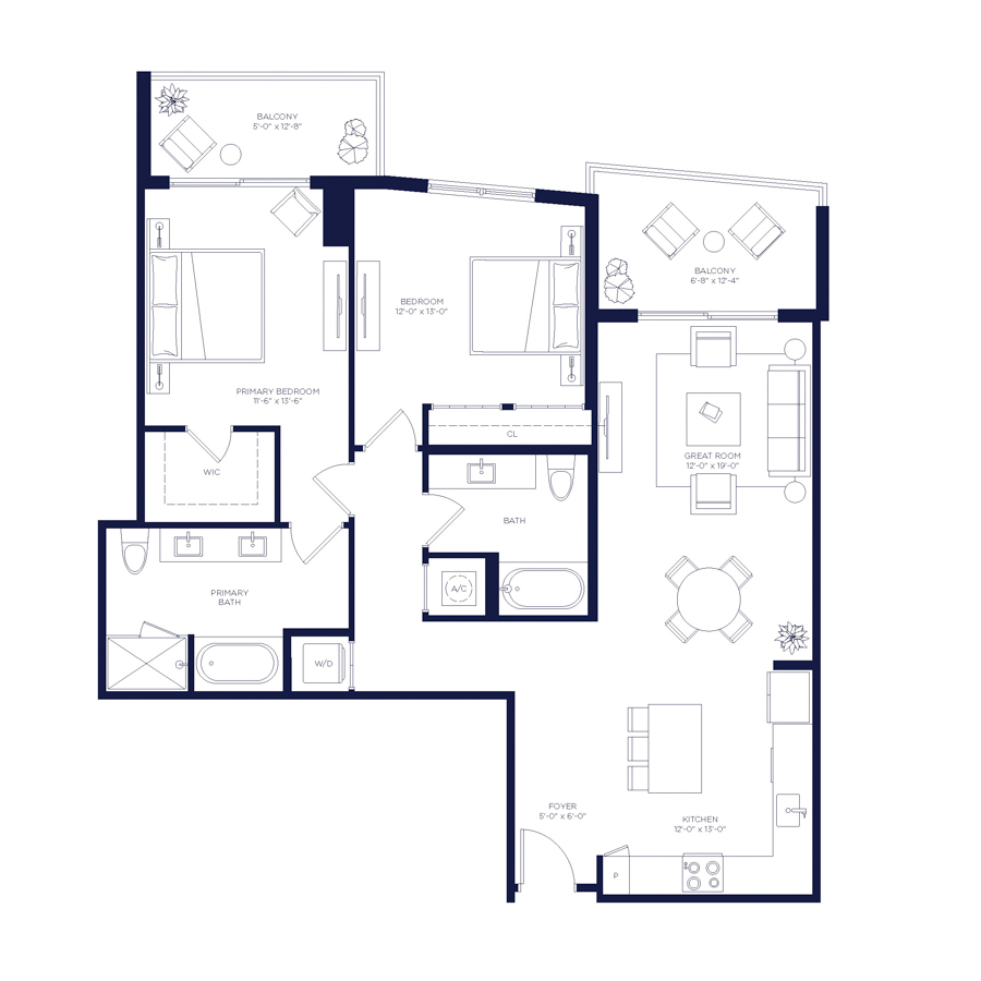 #HAR3604 - 2 bedroom floorplan layout with 2 bathrooms and 1245 square feet