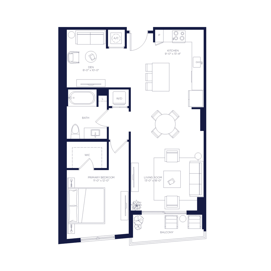 #HAR1105 - 1 bedroom floorplan layout with 1 bathroom and 870 square feet