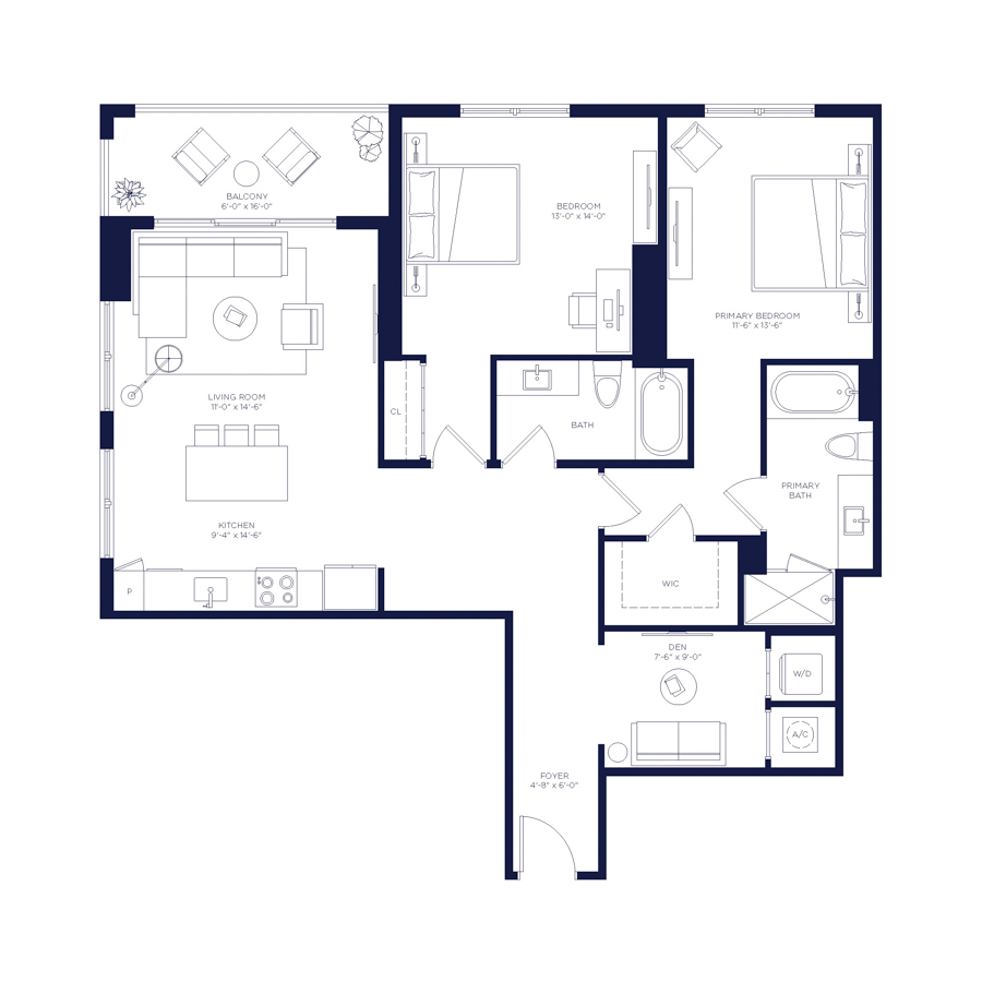 #HAR1910 - 2 bedroom floorplan layout with 2 bathrooms and 1297 square feet