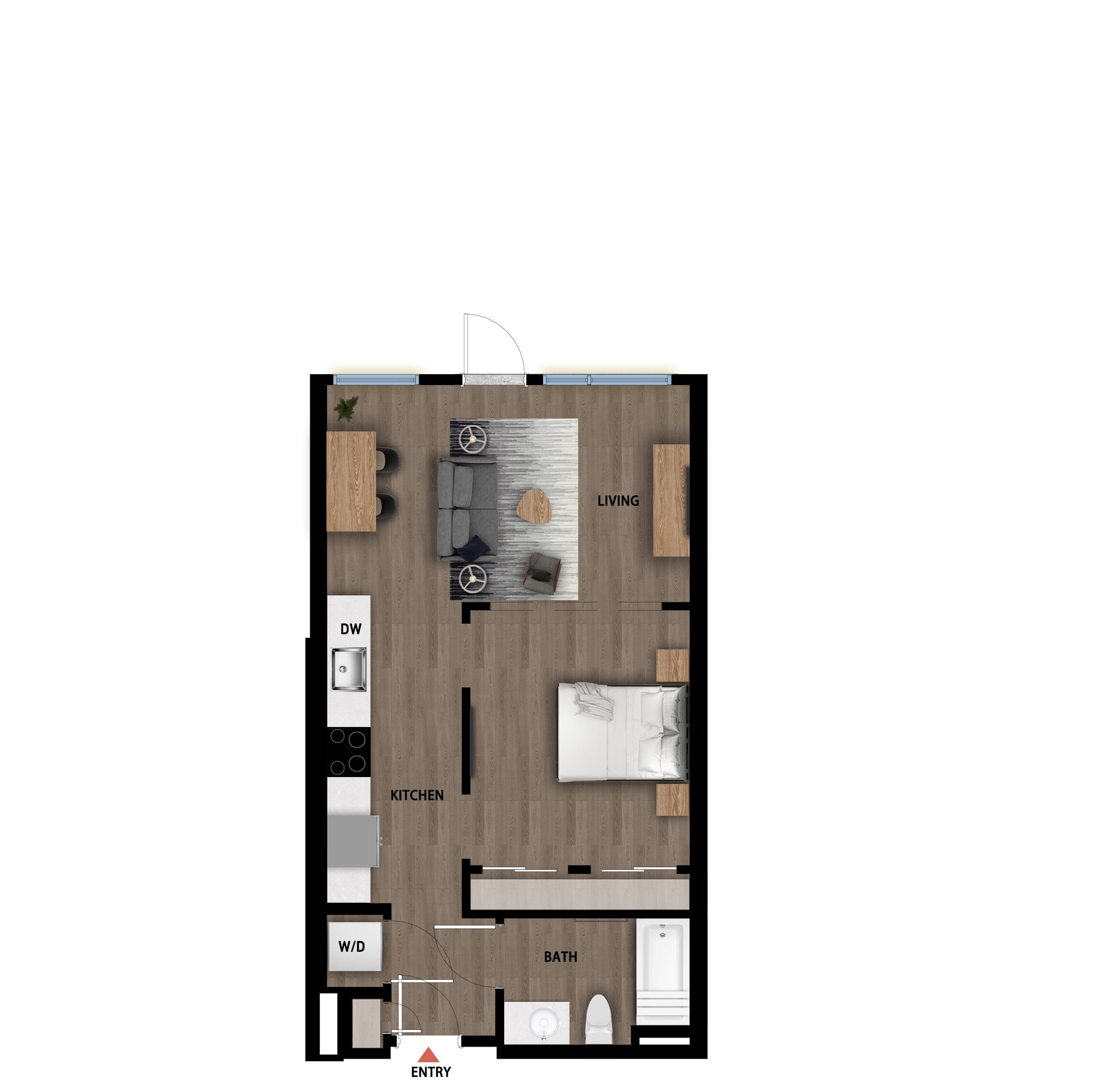 #308 - Studio floorplan layout with 1 bathroom and 565 square feet