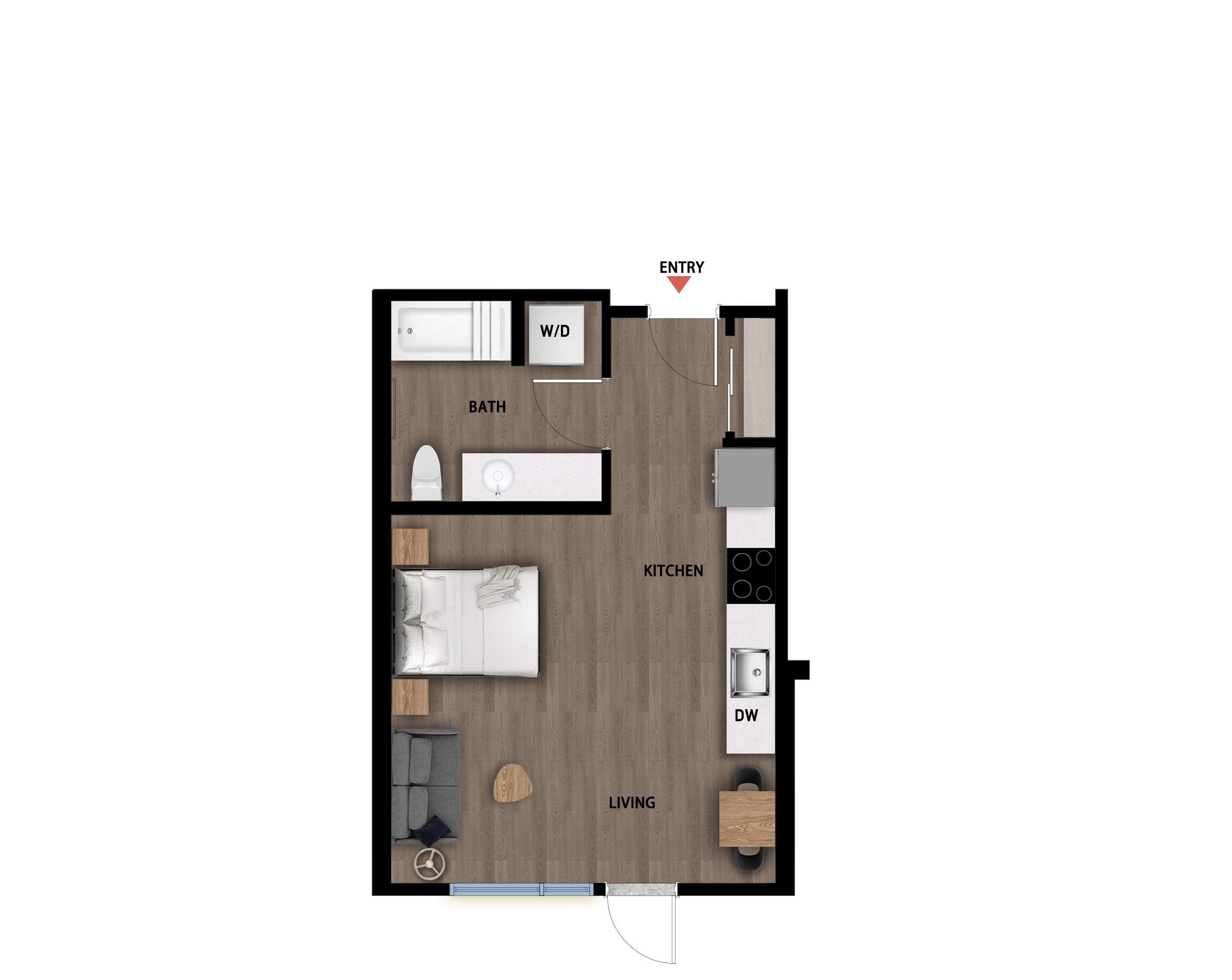 #323 - Studio floorplan layout with 1 bathroom and 423 square feet