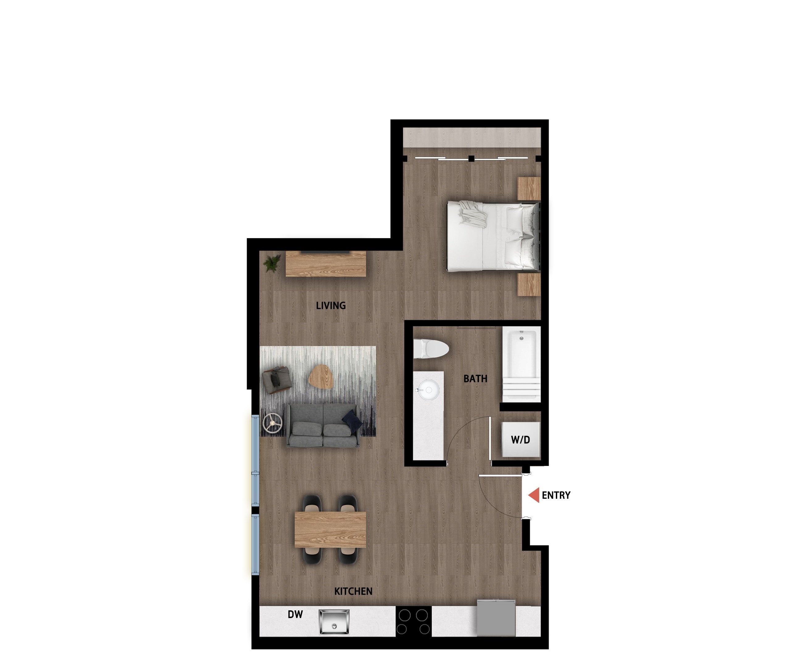 #525 - Studio floorplan layout with 1 bathroom and 579 square feet