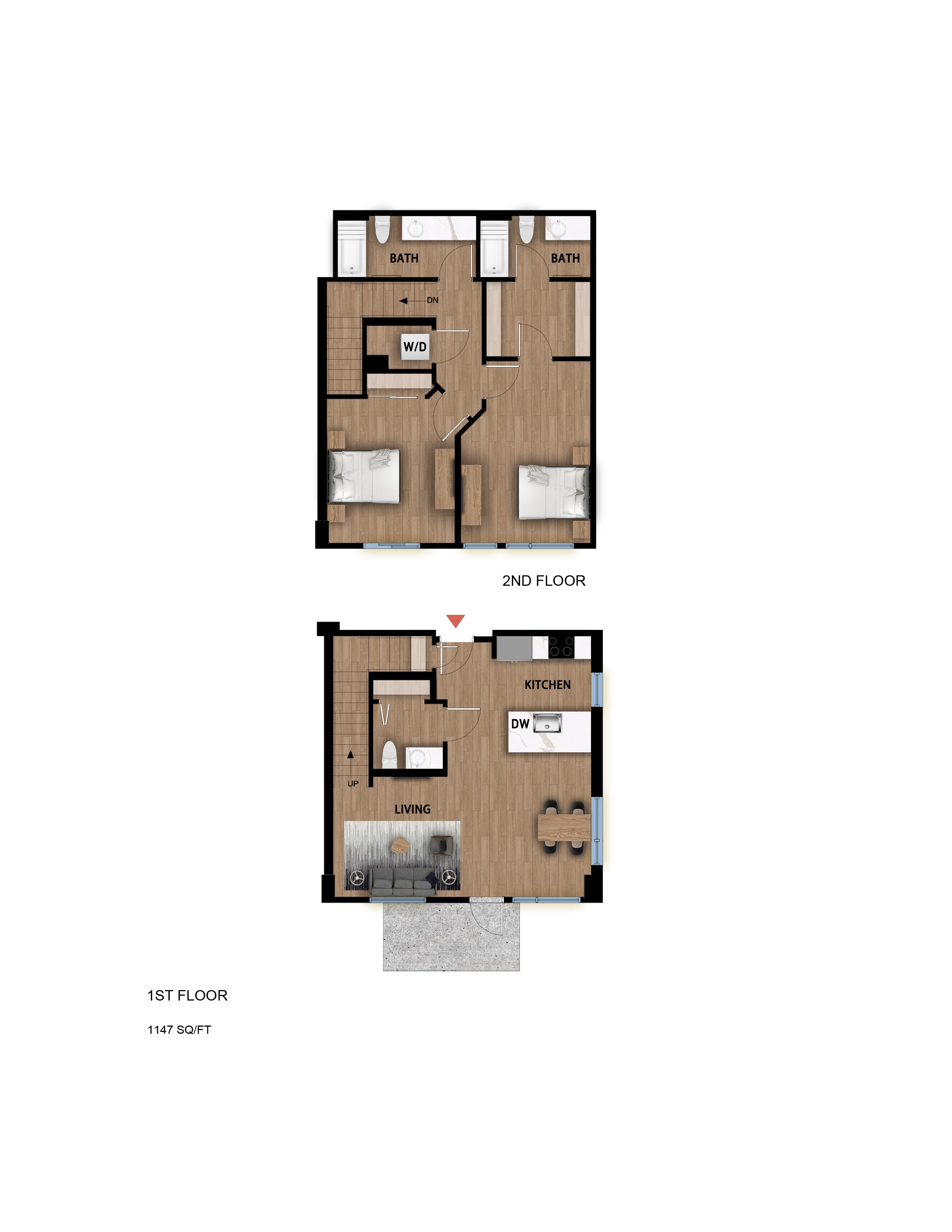 #105 - 2 bedroom floorplan layout with 2 bathrooms and 1147 square feet