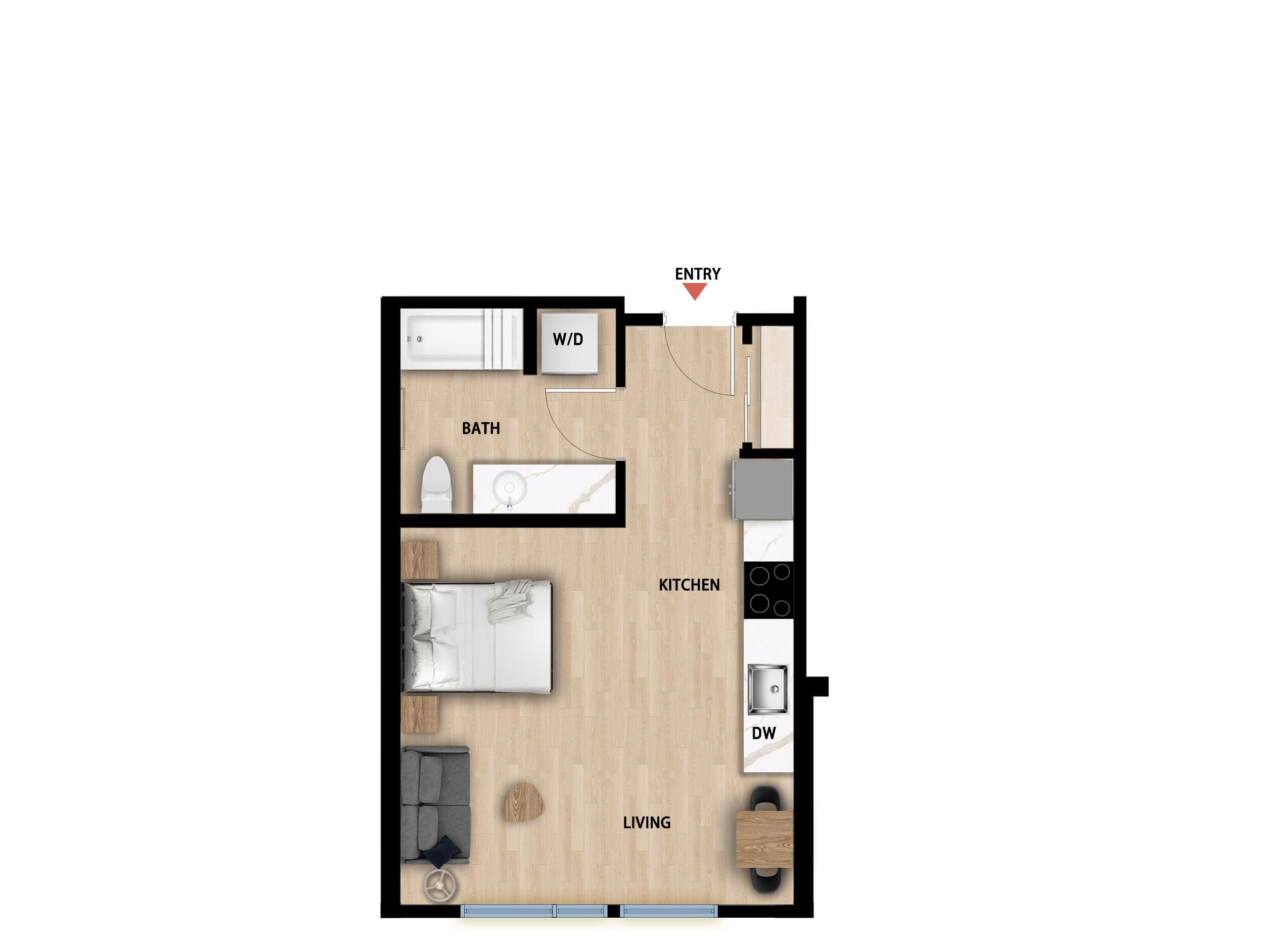 #623 - Studio floorplan layout with 1 bathroom and 423 square feet