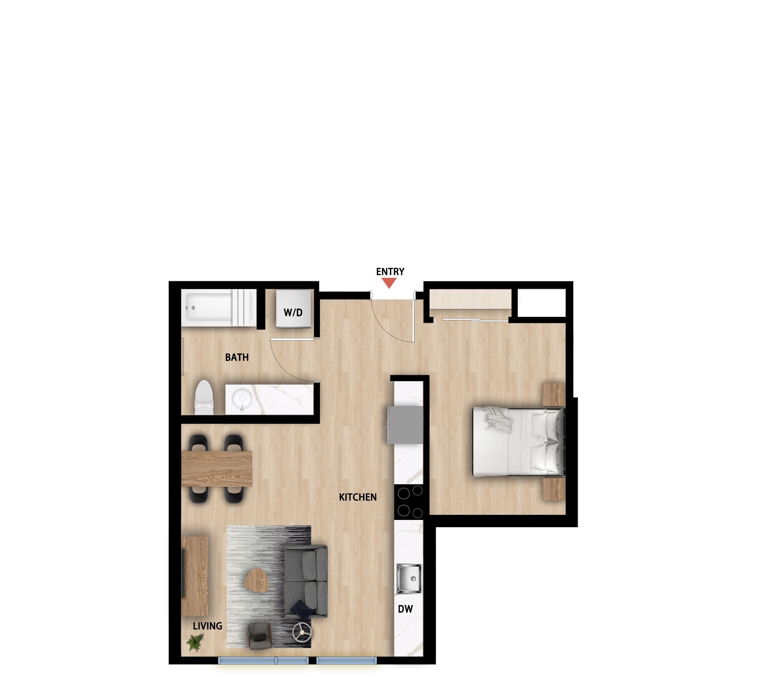 #423 - Studio floorplan layout with 1 bathroom and 569 square feet