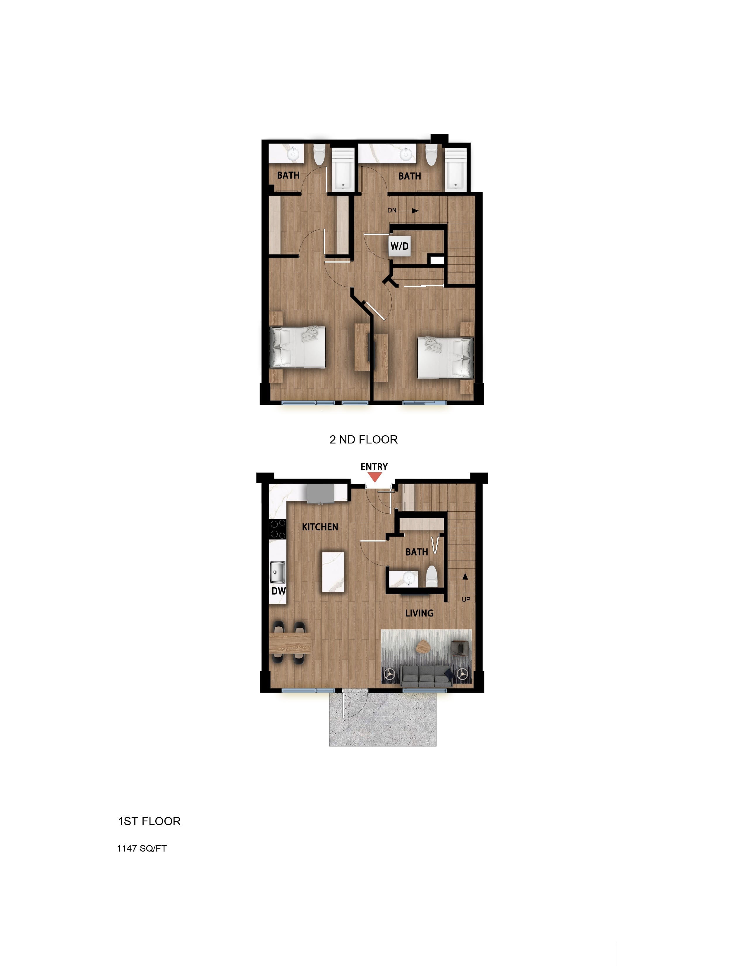 #106 - 2 bedroom floorplan layout with 2 bathrooms and 1147 square feet