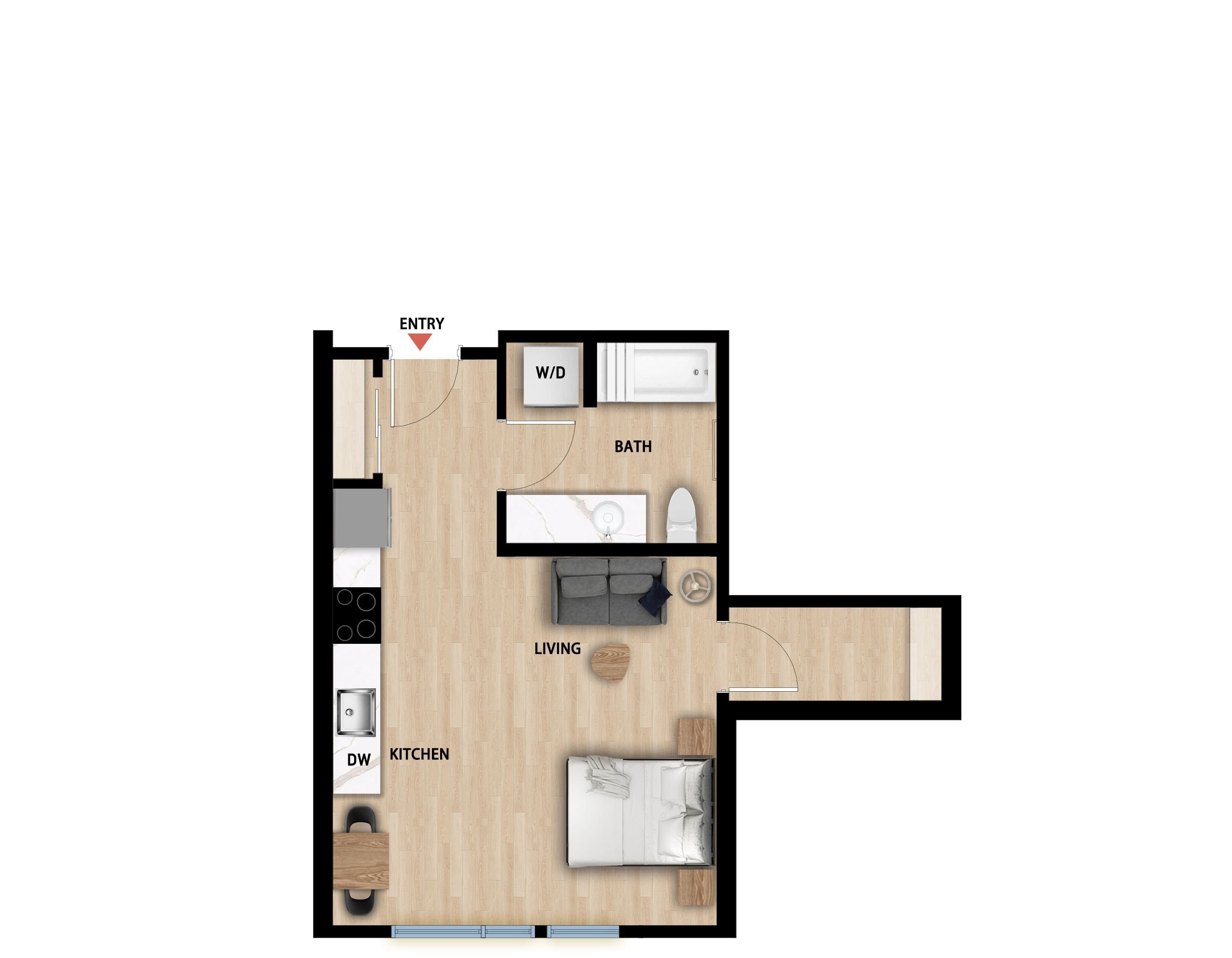 #639 - Studio floorplan layout with 1 bathroom and 468 square feet