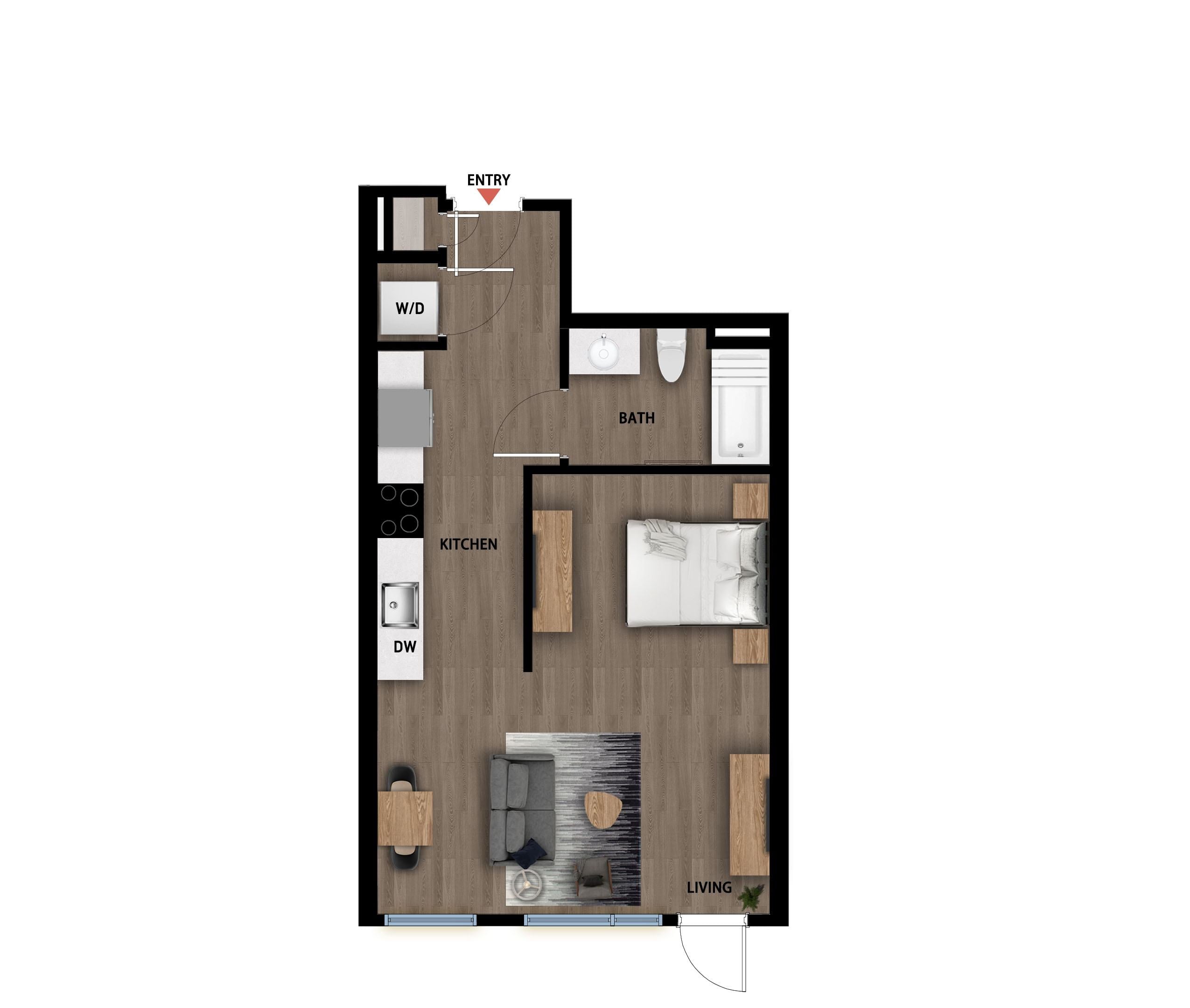 #313 - Studio floorplan layout with 1 bathroom and 516 square feet
