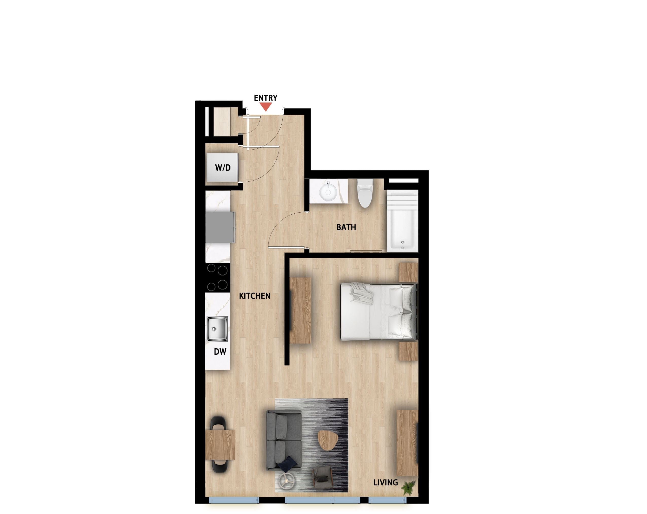 #613 - Studio floorplan layout with 1 bathroom and 516 square feet