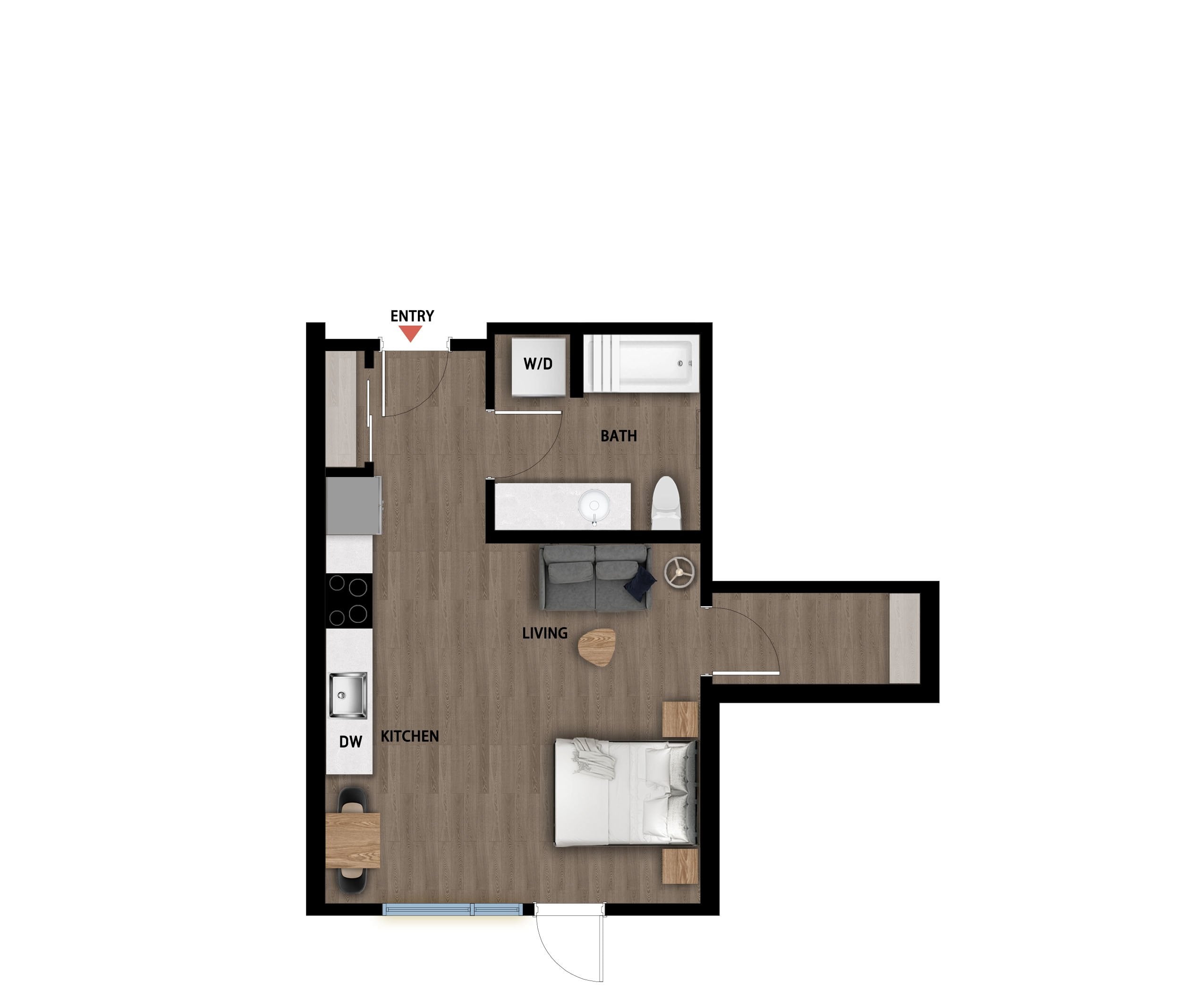 #339 - Studio floorplan layout with 1 bathroom and 468 square feet