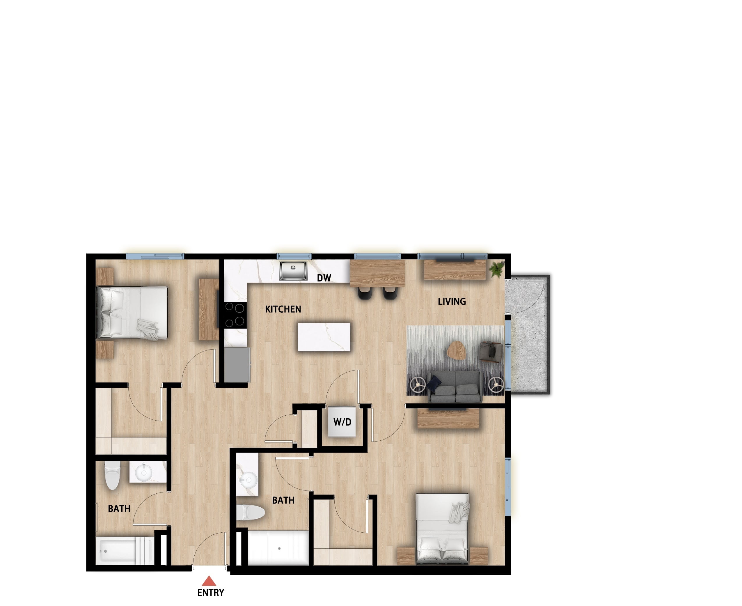 #626 - 2 bedroom floorplan layout with 2 bathrooms and 973 square feet