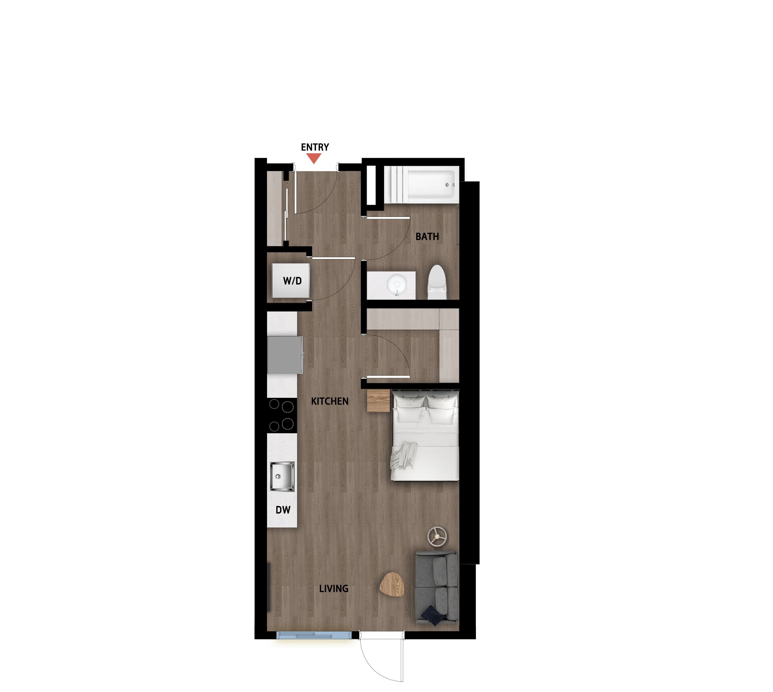 #333 - Studio floorplan layout with 1 bathroom and 430 square feet