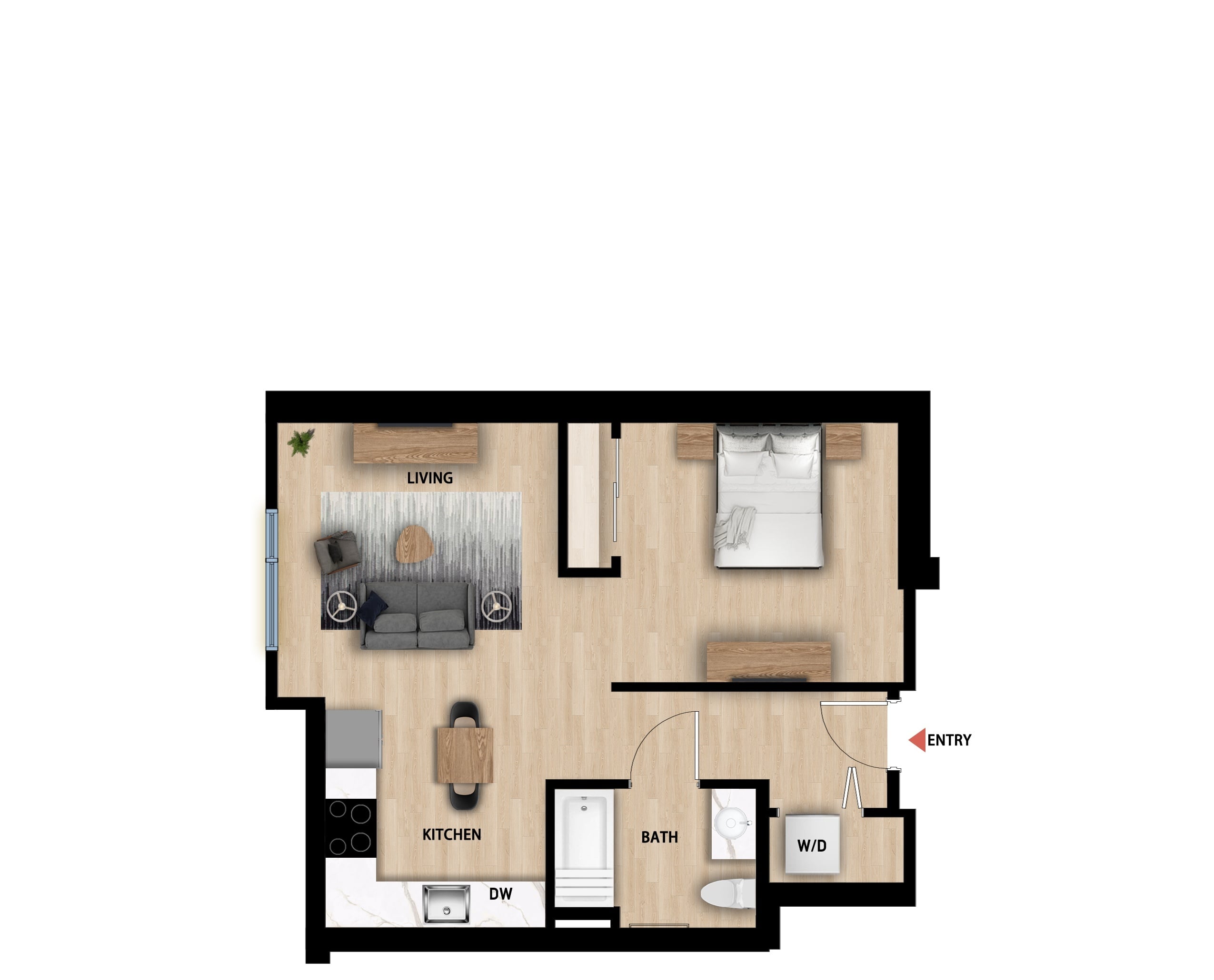 #635 - Studio floorplan layout with 1 bathroom and 588 square feet