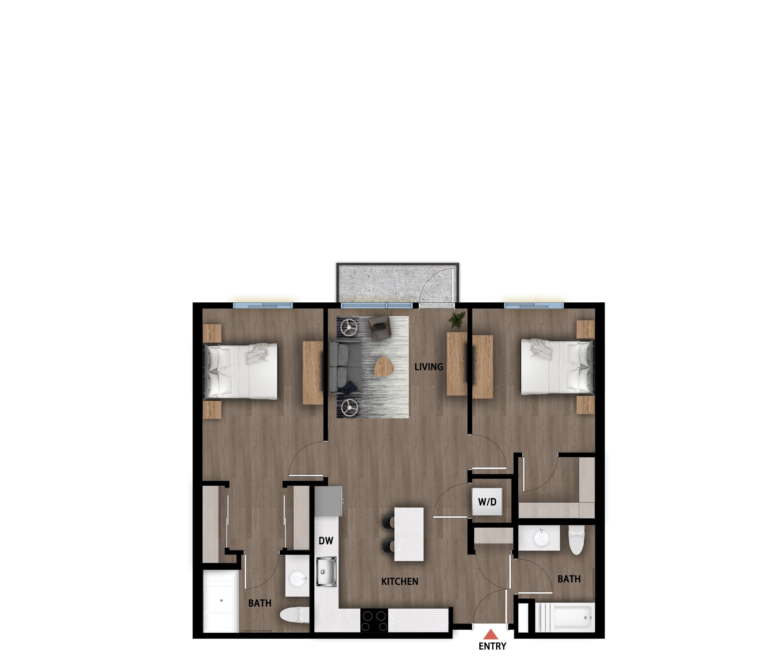 #362 - 2 bedroom floorplan layout with 2 bathrooms and 973 square feet