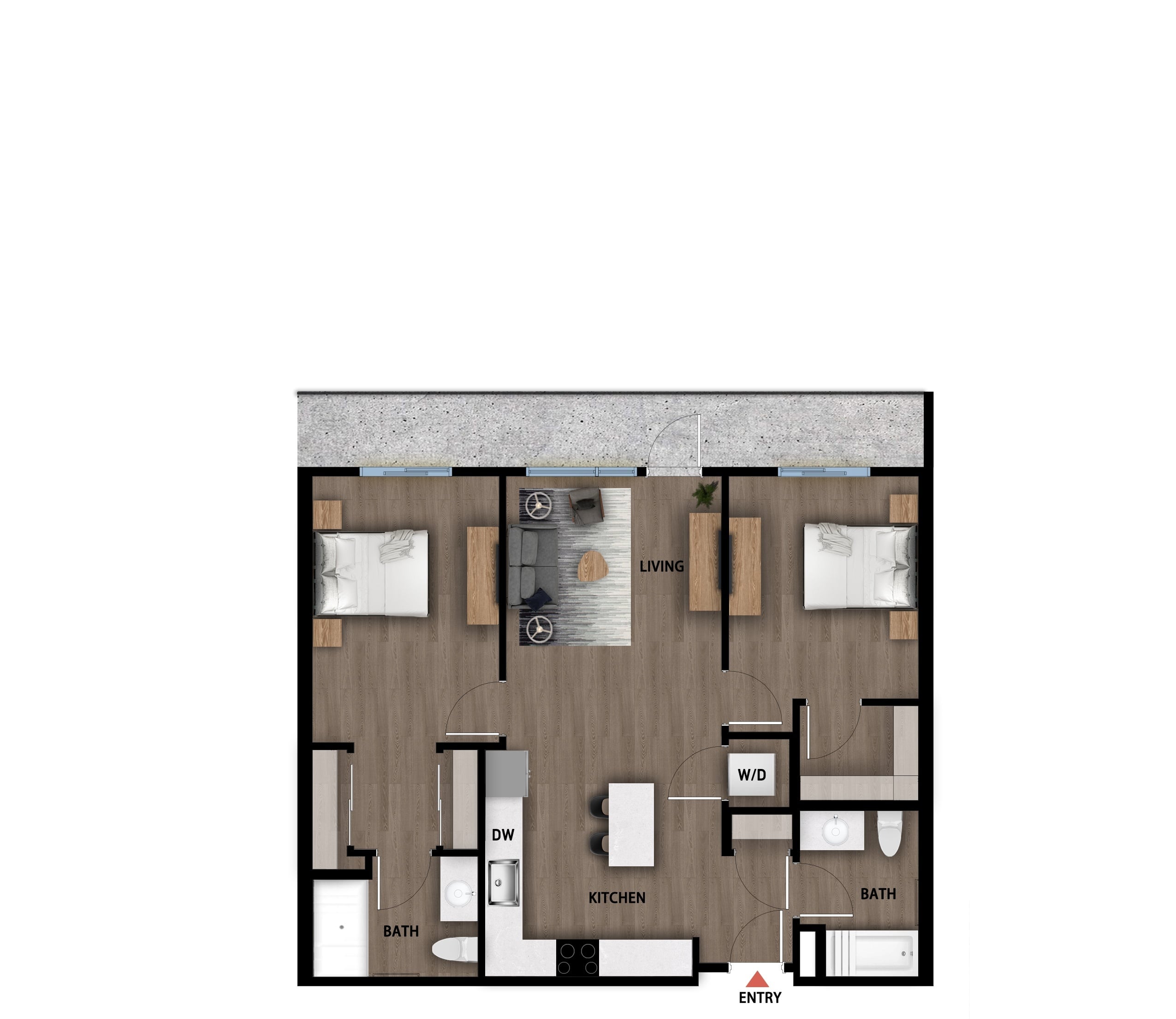 #330 - 2 bedroom floorplan layout with 2 bathrooms and 973 square feet