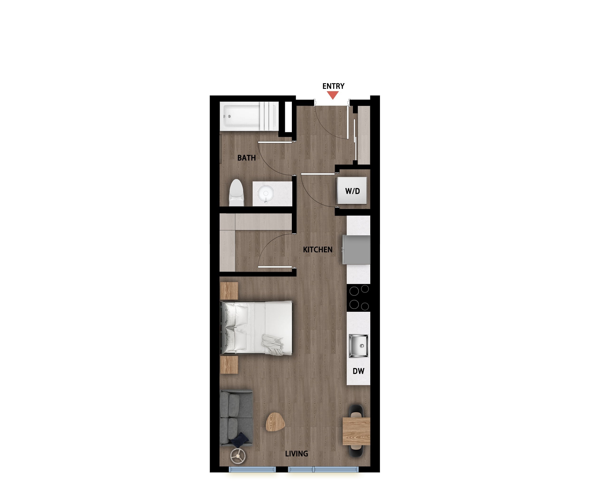 #529 - Studio floorplan layout with 1 bathroom and 430 square feet