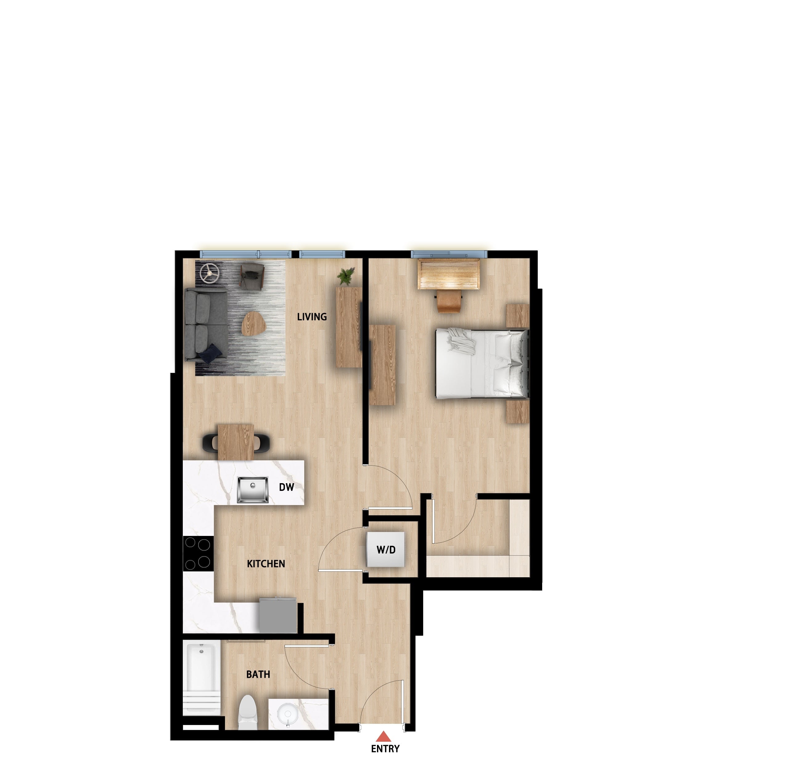 #614 - 1 bedroom floorplan layout with 1 bathroom and 669 square feet