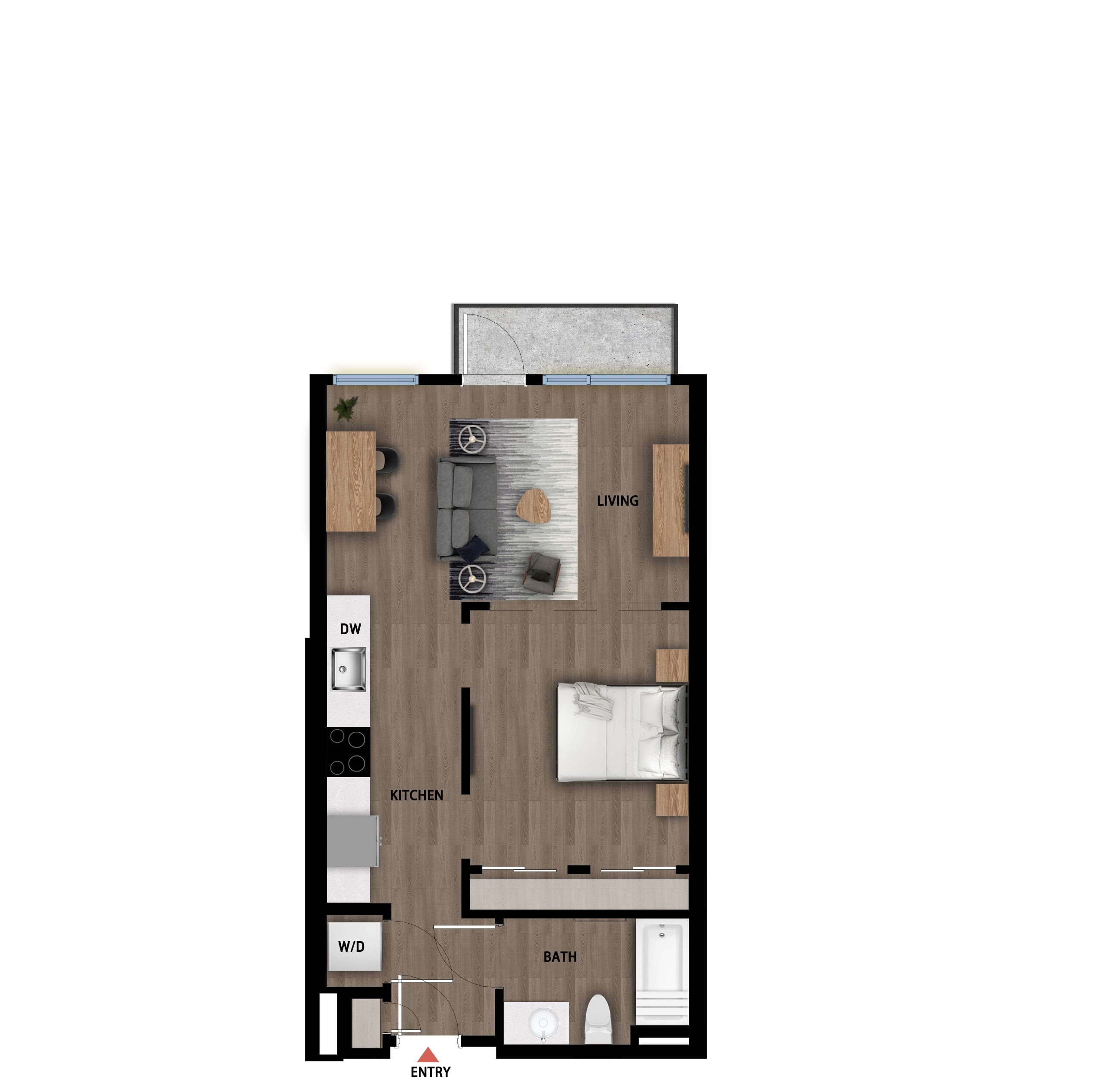 #304 - Studio floorplan layout with 1 bathroom and 565 square feet