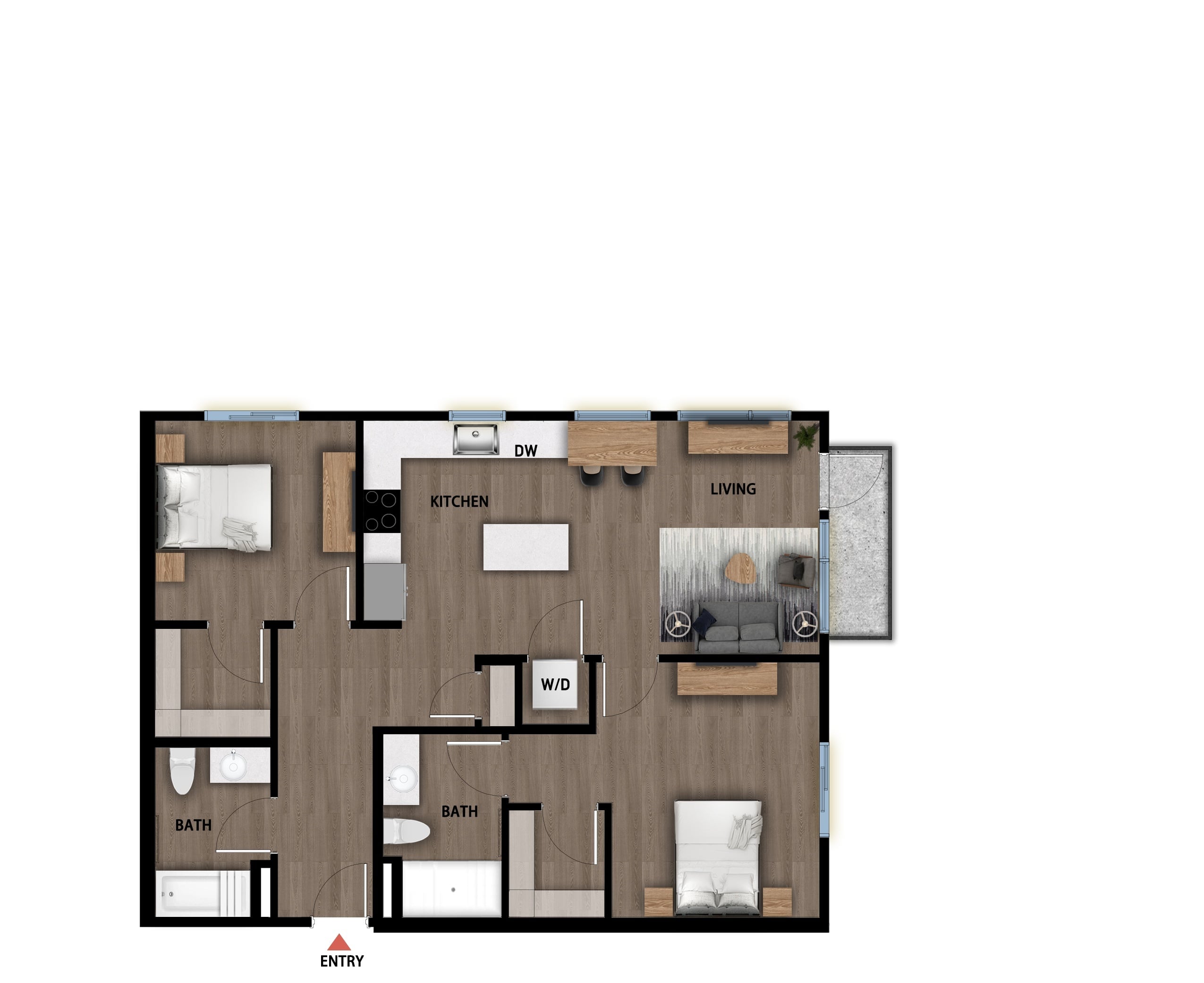 #726 - 2 bedroom floorplan layout with 2 bathrooms and 973 square feet