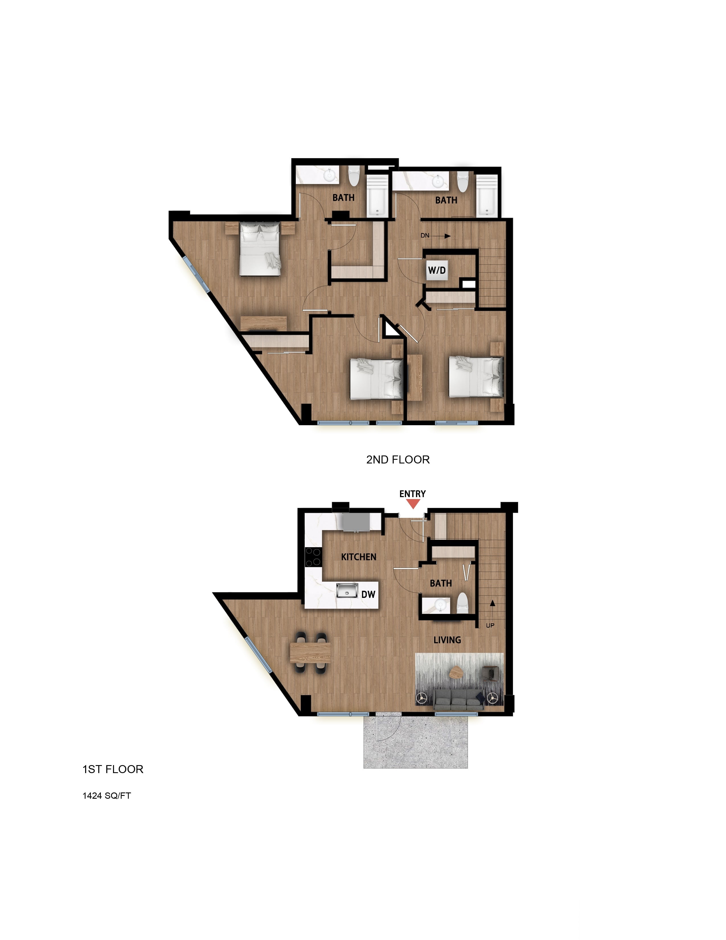 #108 - 3 bedroom floorplan layout with 3 bathrooms and 1424 square feet