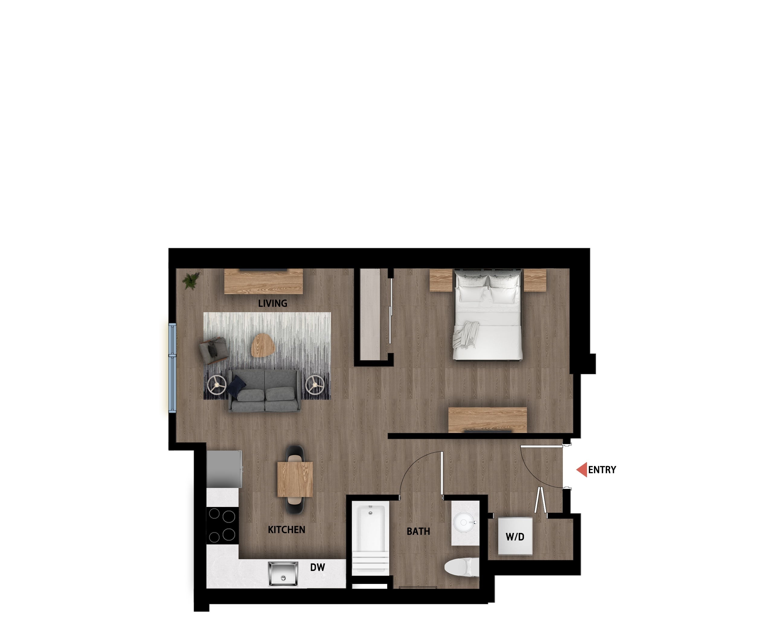 #735 - Studio floorplan layout with 1 bathroom and 588 square feet