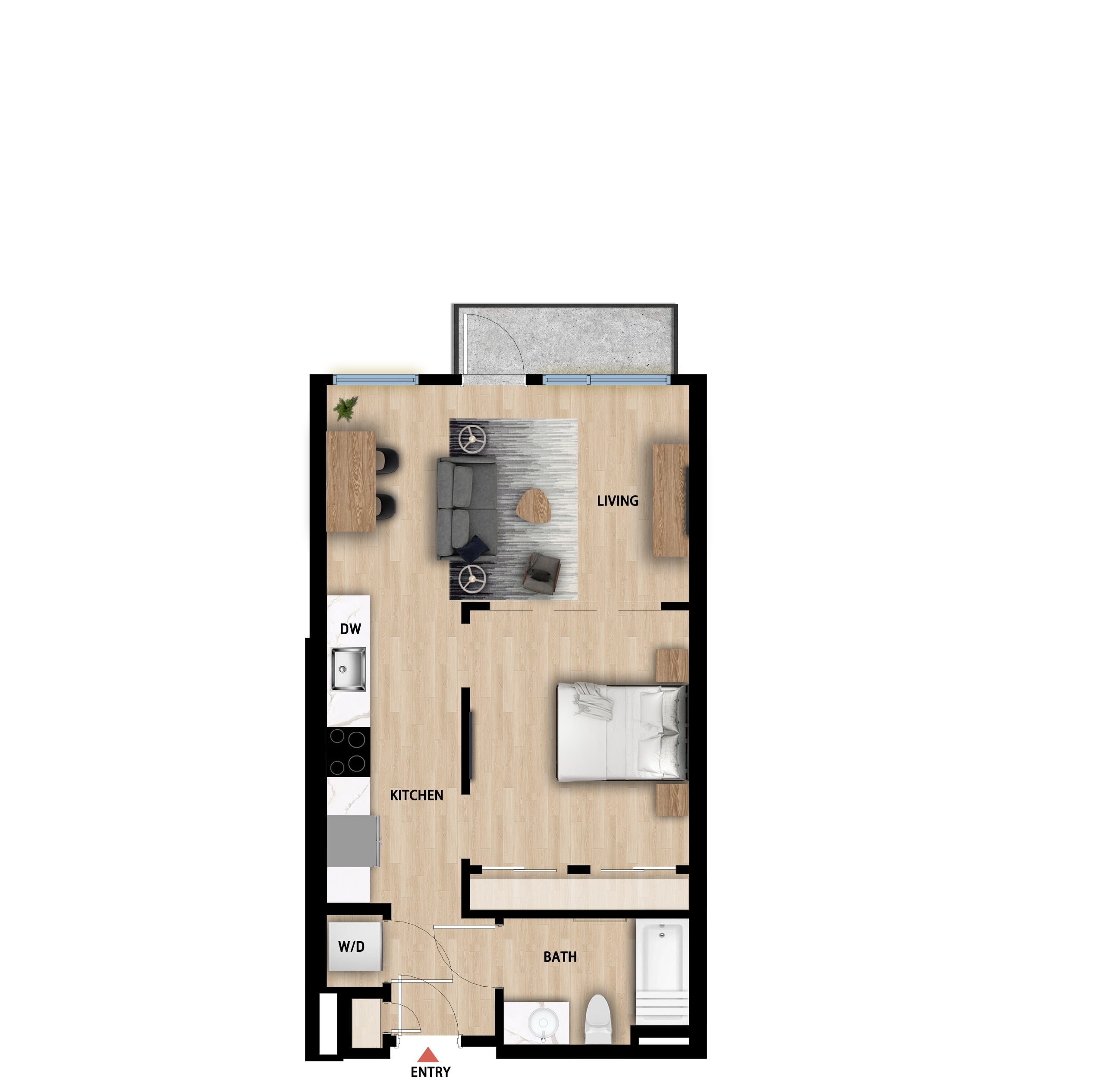 #406 - Studio floorplan layout with 1 bathroom and 565 square feet