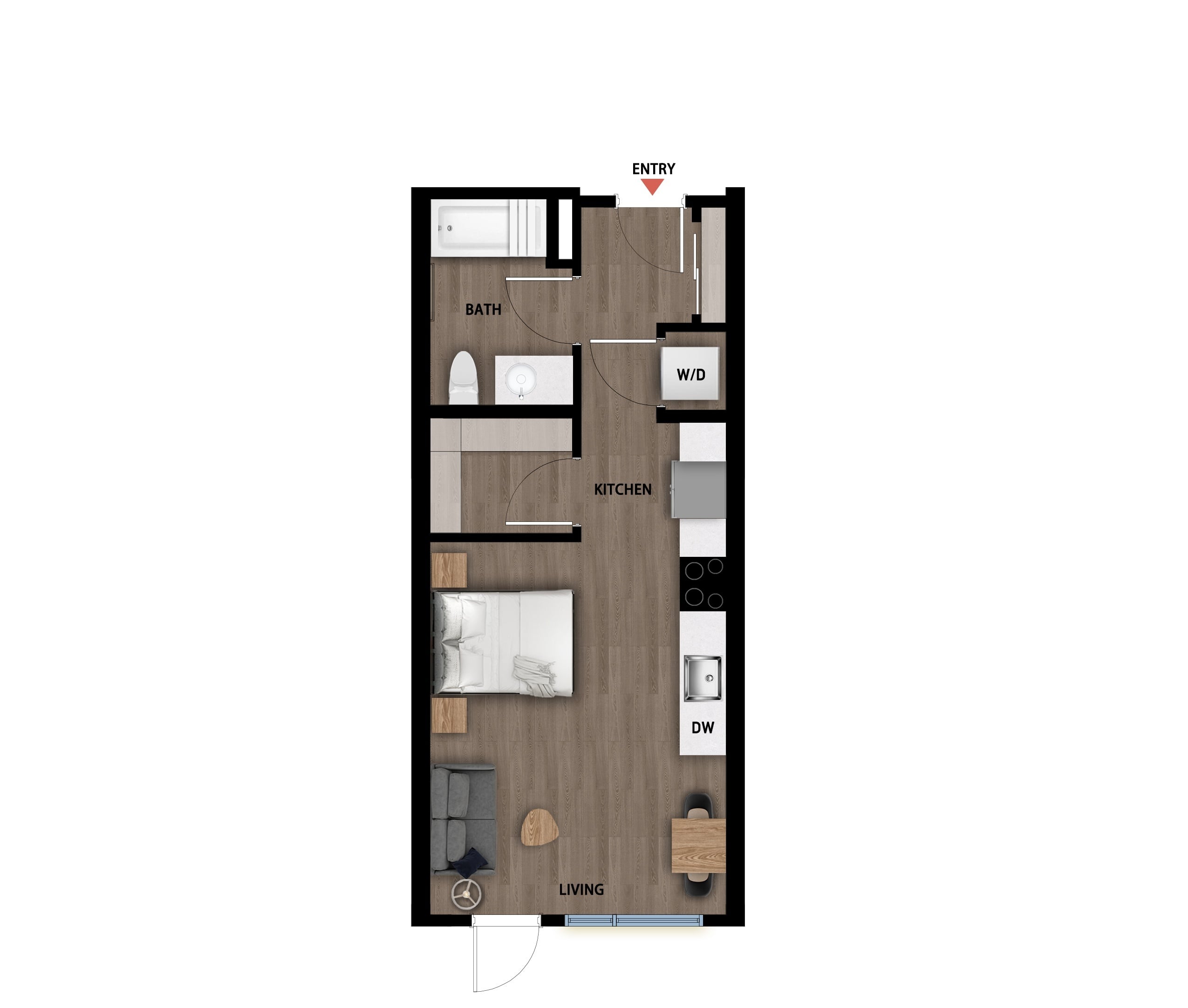 #329 - Studio floorplan layout with 1 bathroom and 430 square feet