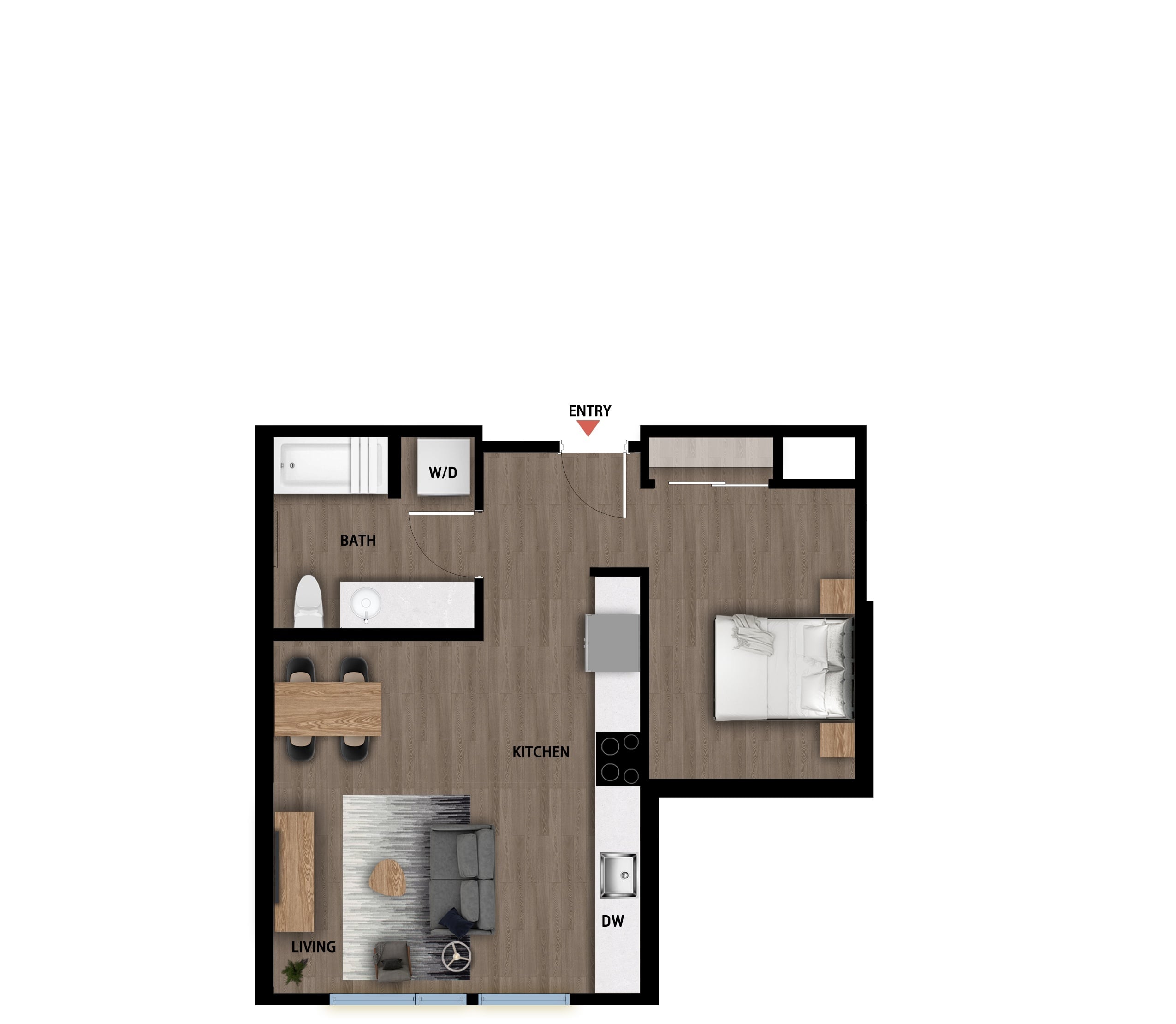 #523 - Studio floorplan layout with 1 bathroom and 569 square feet